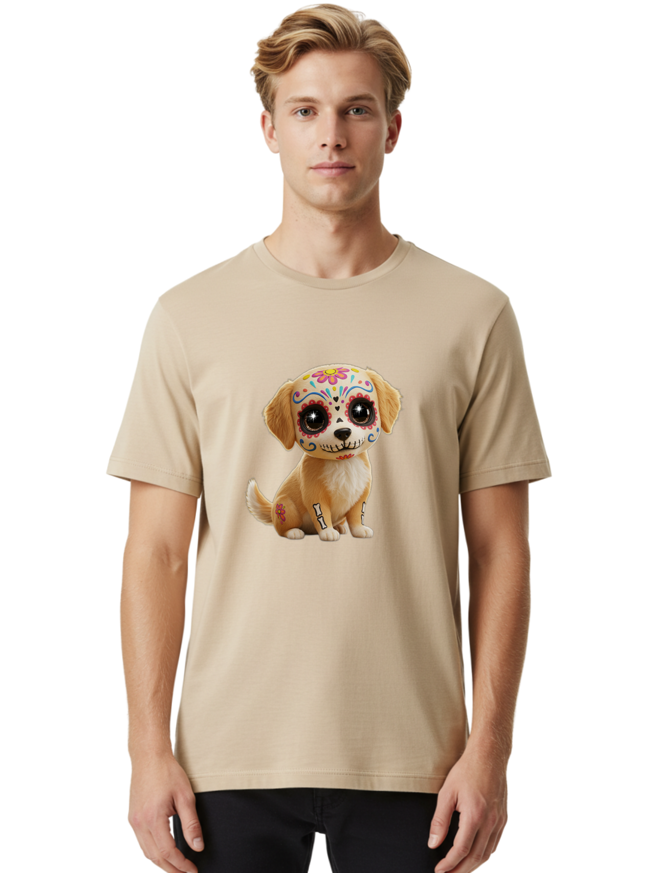 Sugar-Skull-Dog-1 Men'S Graphic Tee, 100% Cotton, Comfortable Casual Summer Wear, Machine Washable, Sugar Skull Dog, Day Of The Dead Puppy, Colorful Tattoos, Sparkly Eyes, Festive Design, Cute Animal, Decorative Art, Vibrant Patterns, Bac498