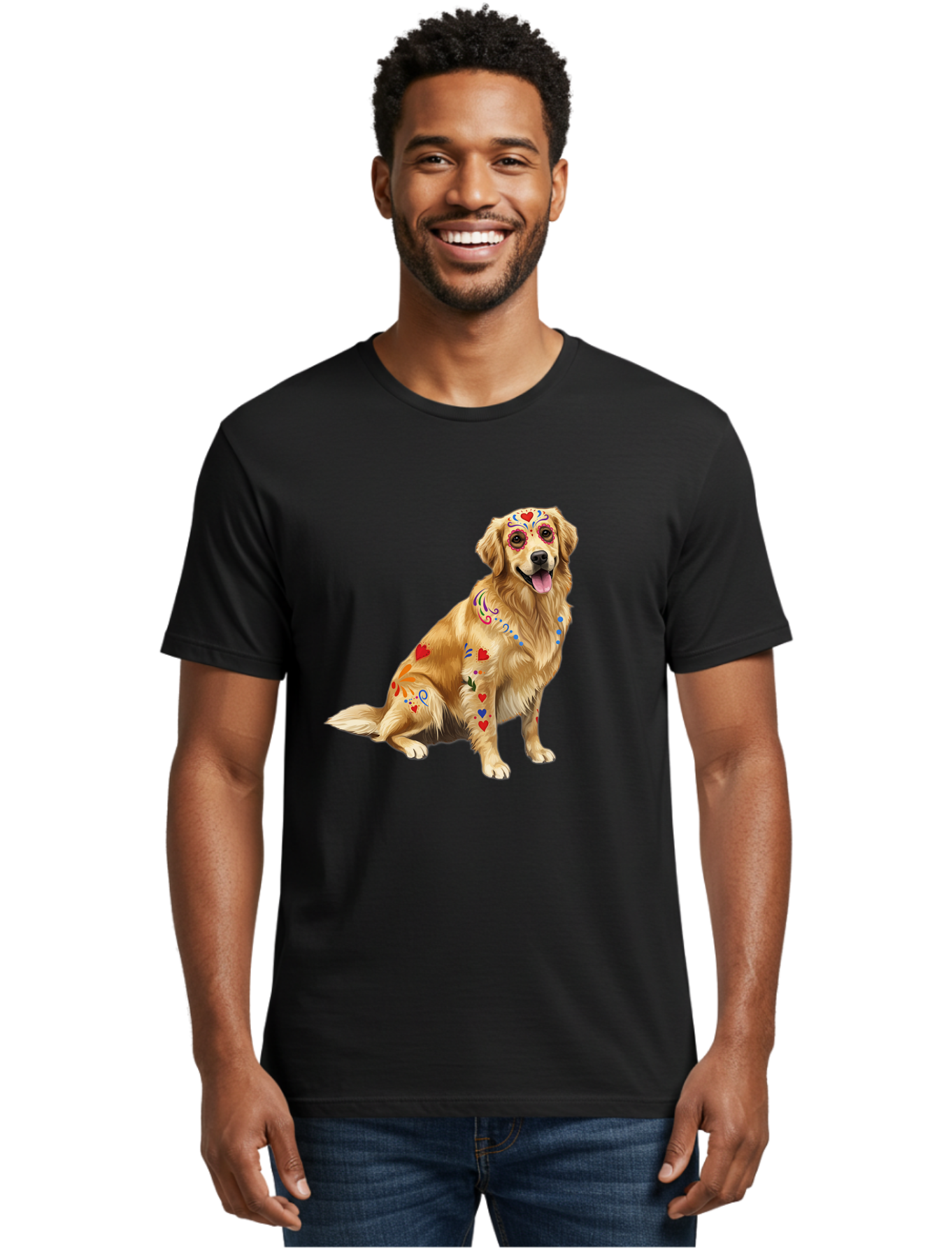Sugar-Skull-Dog Men'S Graphic Tee, 100% Cotton, Comfortable Casual Summer Wear, Machine Washable, Golden Retriever, Sugar Skull Design, Colorful Tattoos, Heart Patterns, Festive Decoration, Dia De Los Muertos, Vibrant Artwork, Dog Portrait, Bac499