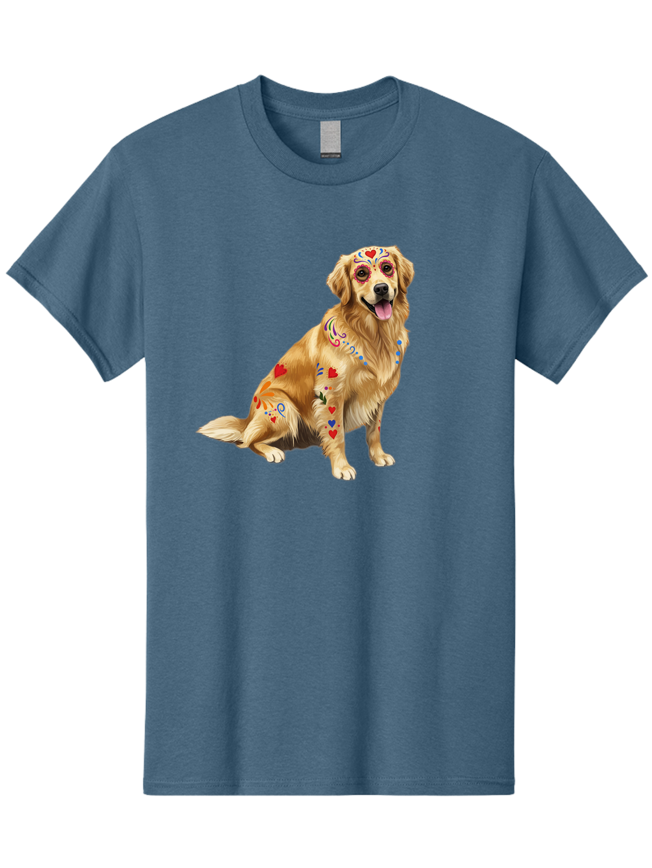 Sugar-Skull-Dog Men'S Graphic Tee, 100% Cotton, Comfortable Casual Summer Wear, Machine Washable, Golden Retriever, Sugar Skull Design, Colorful Tattoos, Heart Patterns, Festive Decoration, Dia De Los Muertos, Vibrant Artwork, Dog Portrait, Bac499