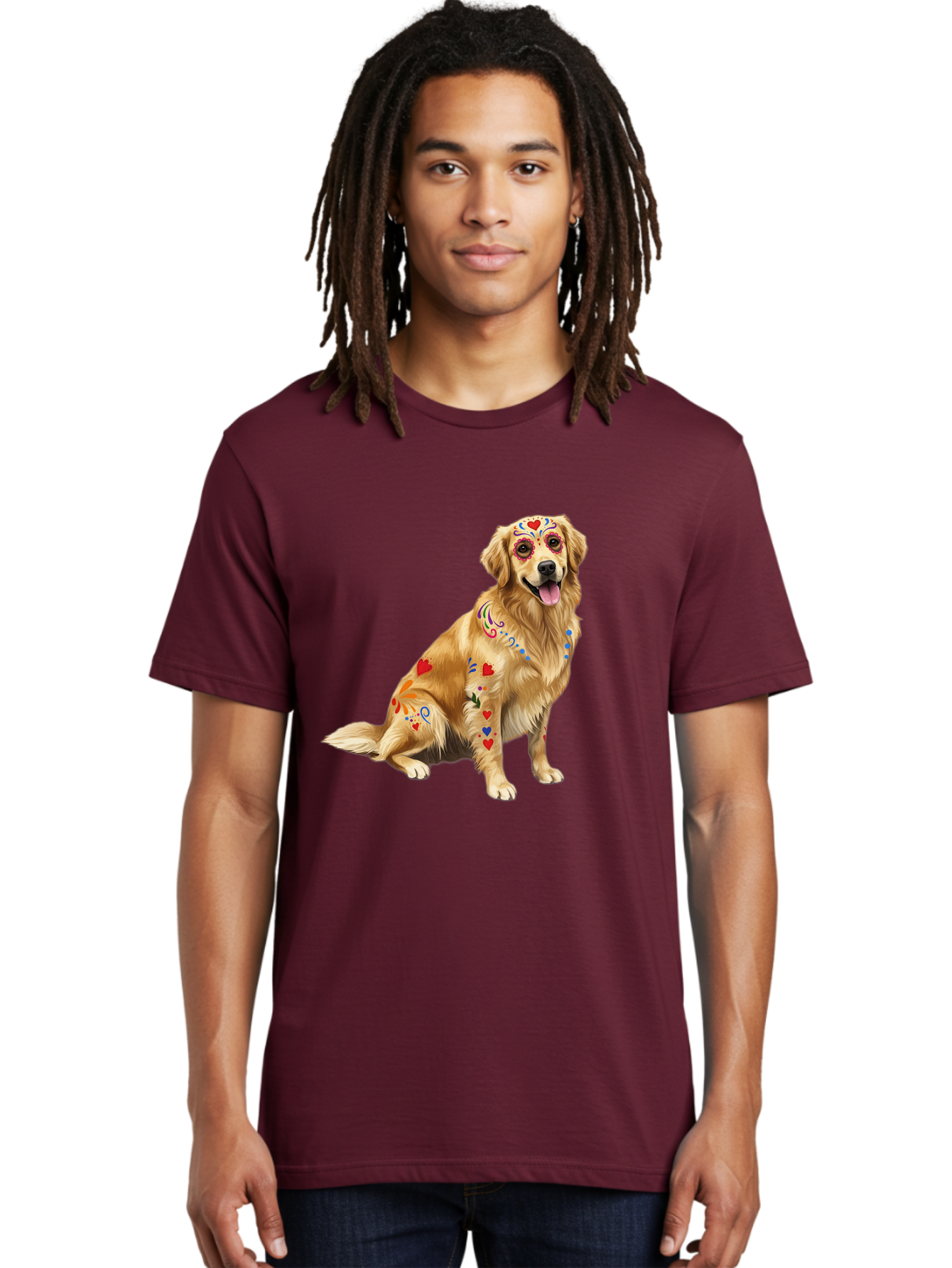 Sugar-Skull-Dog Men'S Graphic Tee, 100% Cotton, Comfortable Casual Summer Wear, Machine Washable, Golden Retriever, Sugar Skull Design, Colorful Tattoos, Heart Patterns, Festive Decoration, Dia De Los Muertos, Vibrant Artwork, Dog Portrait, Bac499