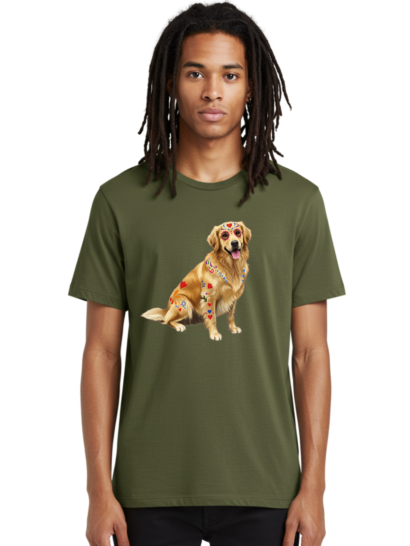 Sugar-Skull-Dog Men'S Graphic Tee, 100% Cotton, Comfortable Casual Summer Wear, Machine Washable, Golden Retriever, Sugar Skull Design, Colorful Tattoos, Heart Patterns, Festive Decoration, Dia De Los Muertos, Vibrant Artwork, Dog Portrait, Bac499
