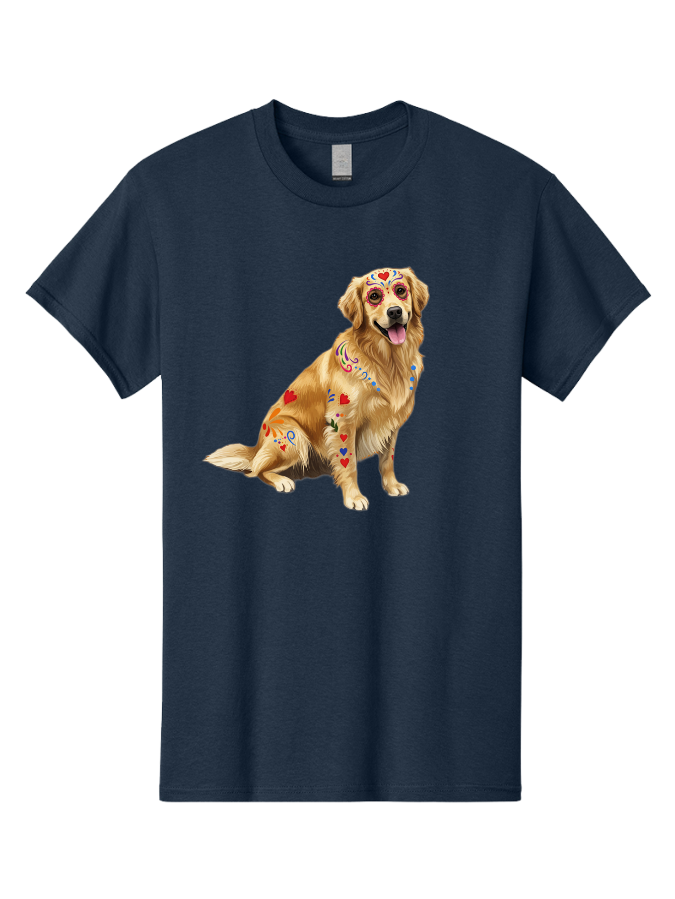 Sugar-Skull-Dog Men'S Graphic Tee, 100% Cotton, Comfortable Casual Summer Wear, Machine Washable, Golden Retriever, Sugar Skull Design, Colorful Tattoos, Heart Patterns, Festive Decoration, Dia De Los Muertos, Vibrant Artwork, Dog Portrait, Bac499