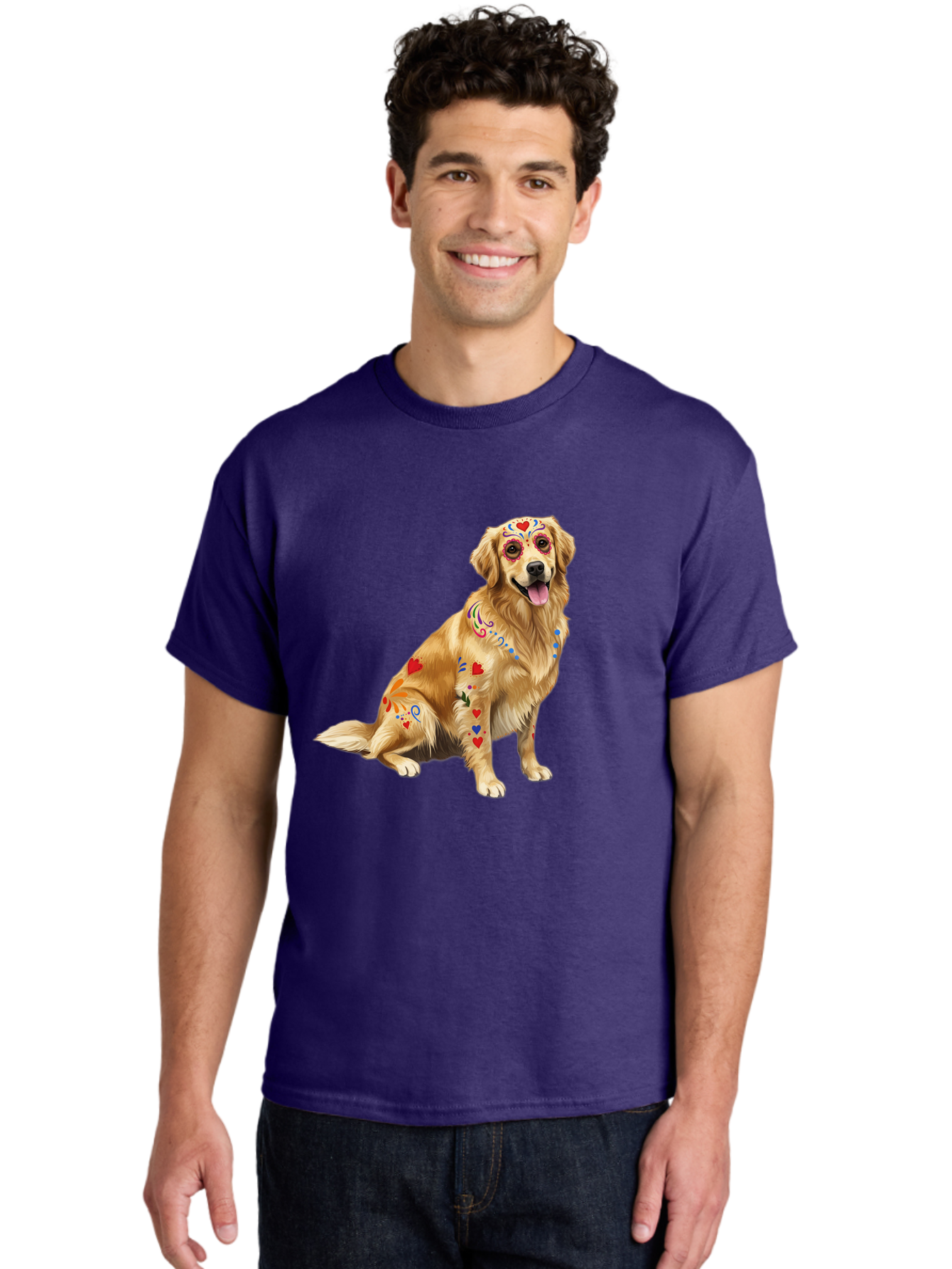 Sugar-Skull-Dog Men'S Graphic Tee, 100% Cotton, Comfortable Casual Summer Wear, Machine Washable, Golden Retriever, Sugar Skull Design, Colorful Tattoos, Heart Patterns, Festive Decoration, Dia De Los Muertos, Vibrant Artwork, Dog Portrait, Bac499