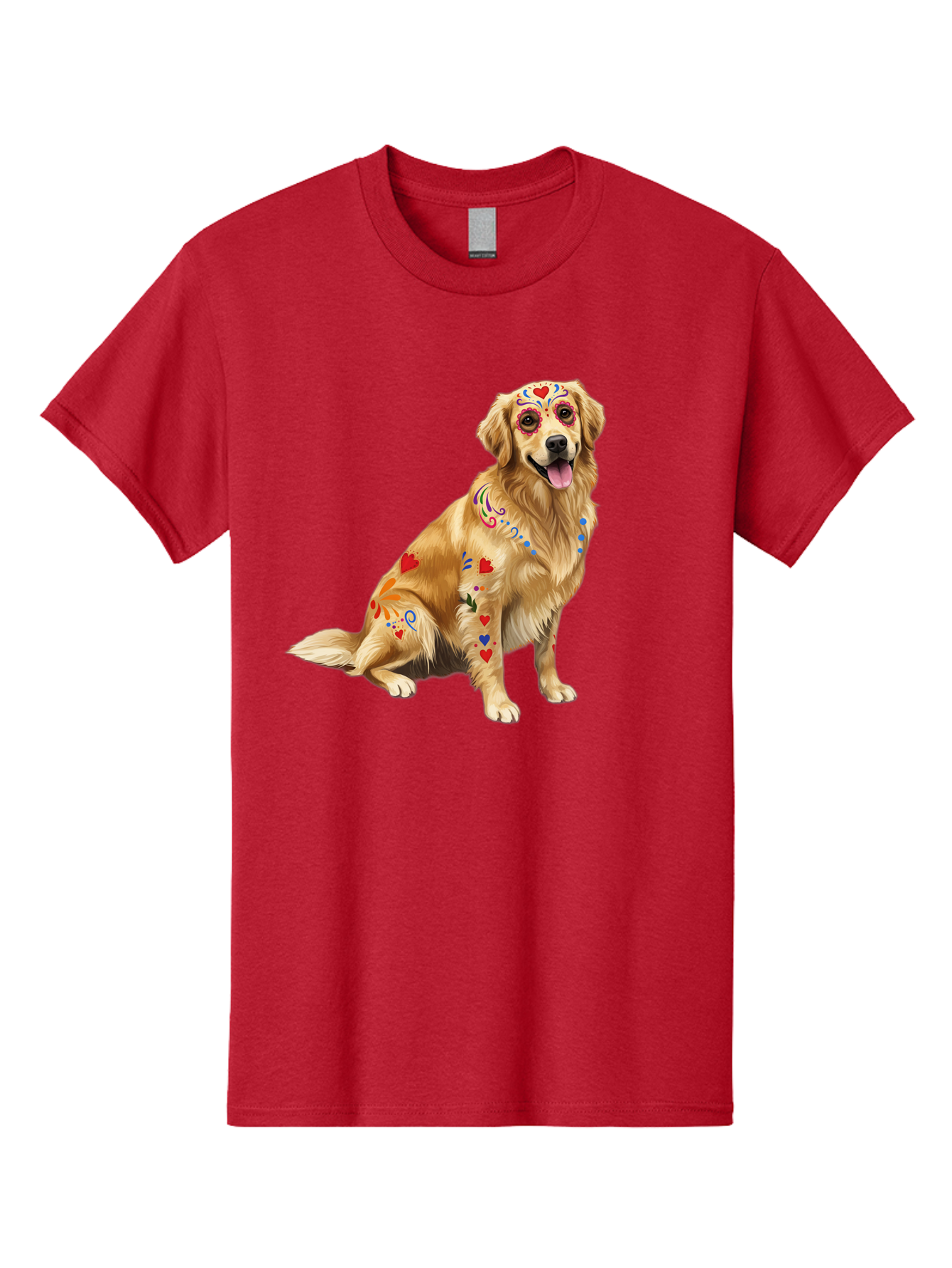 Sugar-Skull-Dog Men'S Graphic Tee, 100% Cotton, Comfortable Casual Summer Wear, Machine Washable, Golden Retriever, Sugar Skull Design, Colorful Tattoos, Heart Patterns, Festive Decoration, Dia De Los Muertos, Vibrant Artwork, Dog Portrait, Bac499