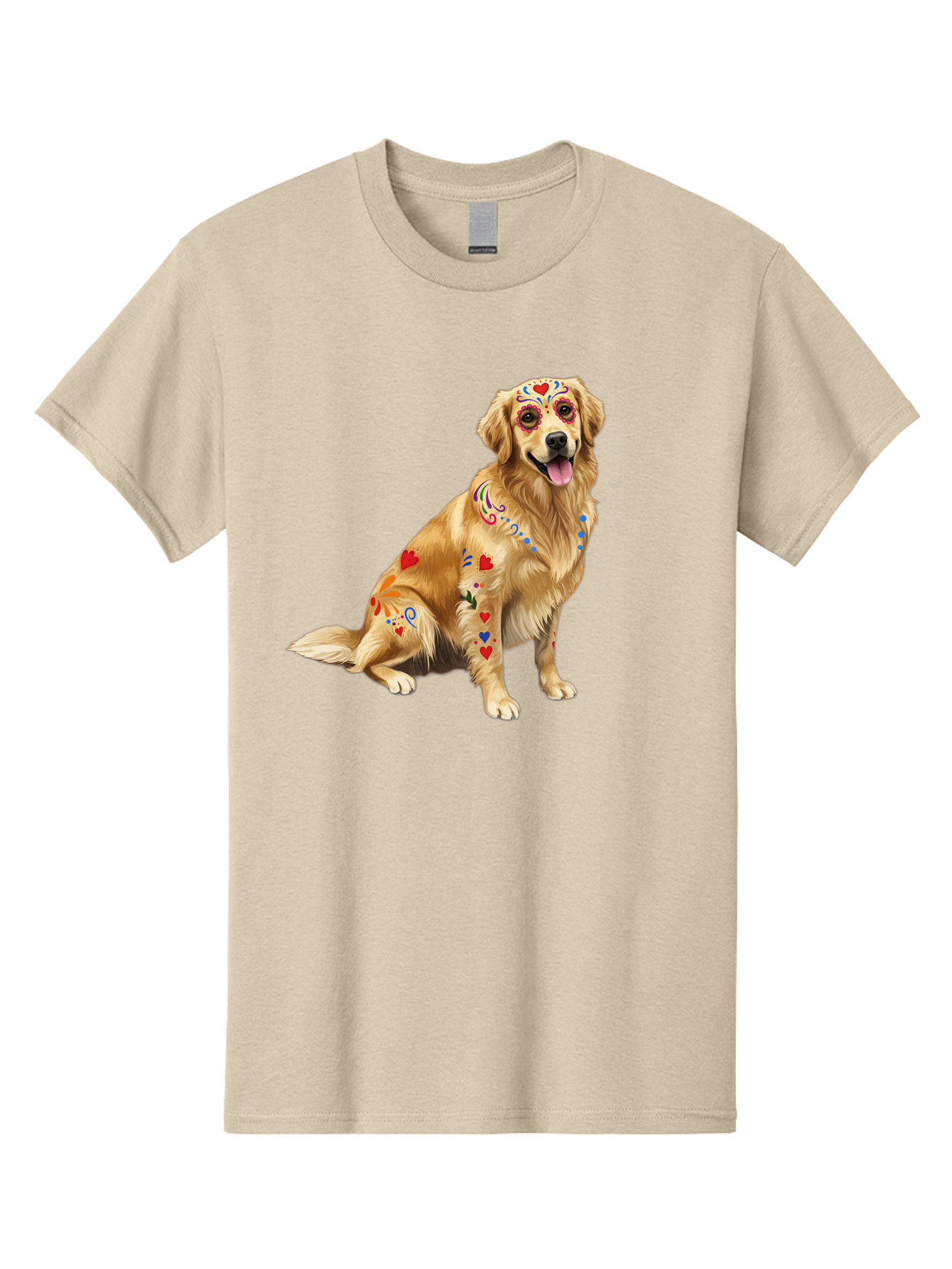 Sugar-Skull-Dog Men'S Graphic Tee, 100% Cotton, Comfortable Casual Summer Wear, Machine Washable, Golden Retriever, Sugar Skull Design, Colorful Tattoos, Heart Patterns, Festive Decoration, Dia De Los Muertos, Vibrant Artwork, Dog Portrait, Bac499