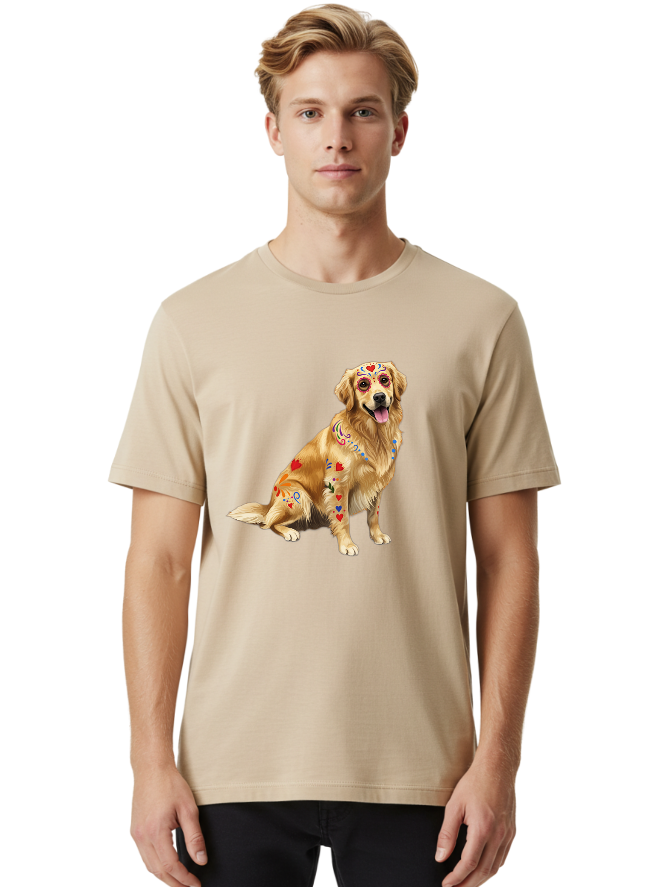 Sugar-Skull-Dog Men'S Graphic Tee, 100% Cotton, Comfortable Casual Summer Wear, Machine Washable, Golden Retriever, Sugar Skull Design, Colorful Tattoos, Heart Patterns, Festive Decoration, Dia De Los Muertos, Vibrant Artwork, Dog Portrait, Bac499