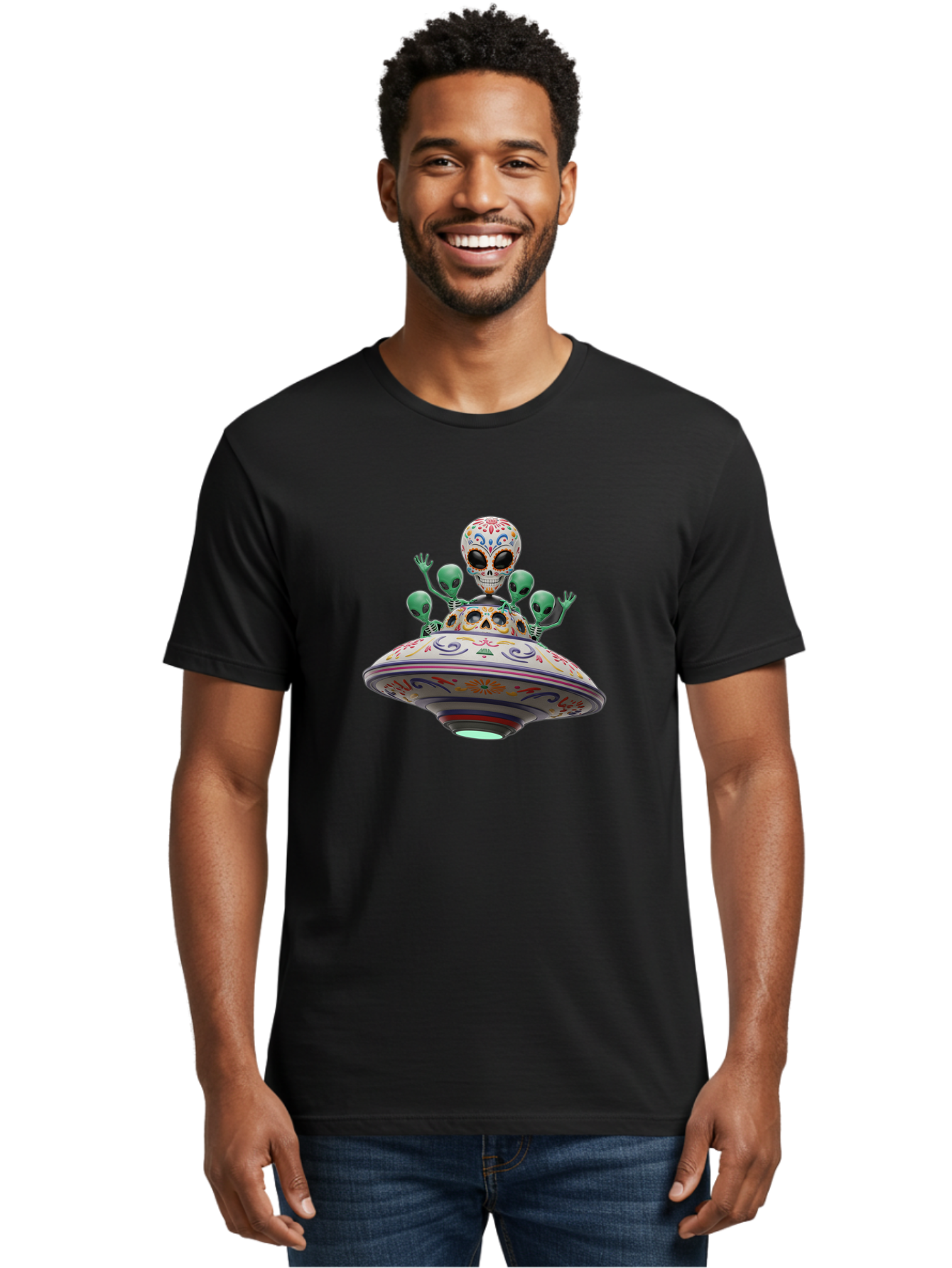 Sugar-Skulls-Ufo Men'S Graphic Tee, 100% Cotton, Comfortable Casual Summer Wear, Machine Washable, Sugar Skull, Aliens, Ufo, Day Of The Dead, Colorful Design, Whimsical Art, Mystical Creatures, Symbolic Representation, Fantasy, Bac500