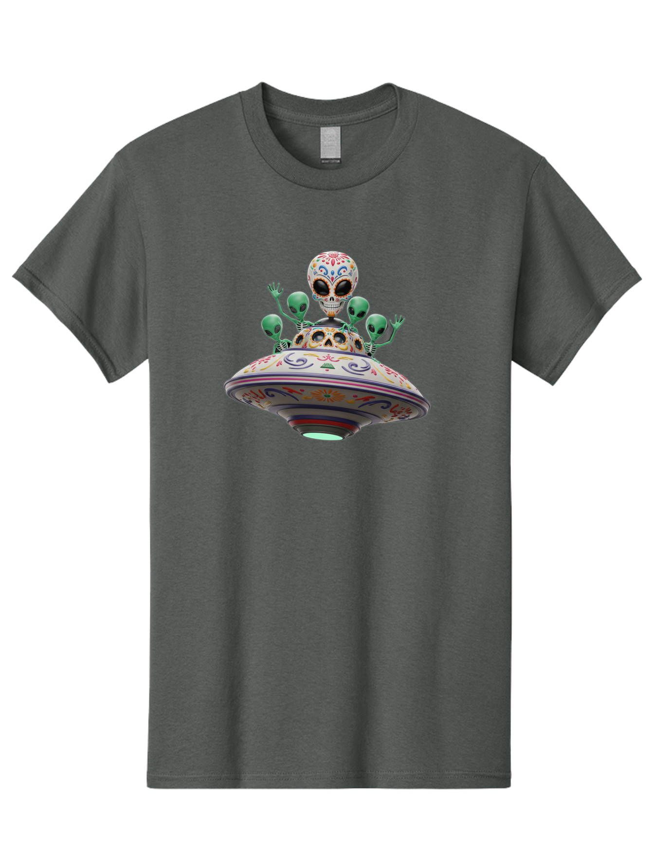 Sugar-Skulls-Ufo Men'S Graphic Tee, 100% Cotton, Comfortable Casual Summer Wear, Machine Washable, Sugar Skull, Aliens, Ufo, Day Of The Dead, Colorful Design, Whimsical Art, Mystical Creatures, Symbolic Representation, Fantasy, Bac500
