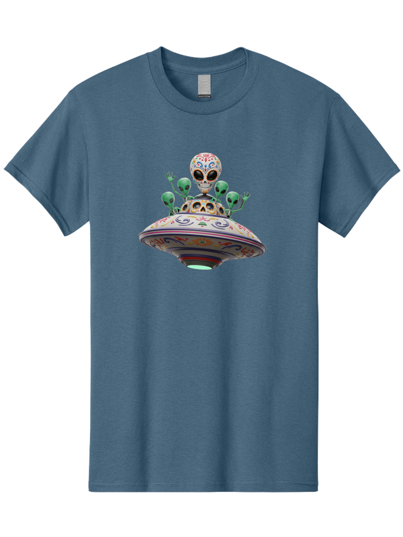 Sugar-Skulls-Ufo Men'S Graphic Tee, 100% Cotton, Comfortable Casual Summer Wear, Machine Washable, Sugar Skull, Aliens, Ufo, Day Of The Dead, Colorful Design, Whimsical Art, Mystical Creatures, Symbolic Representation, Fantasy, Bac500