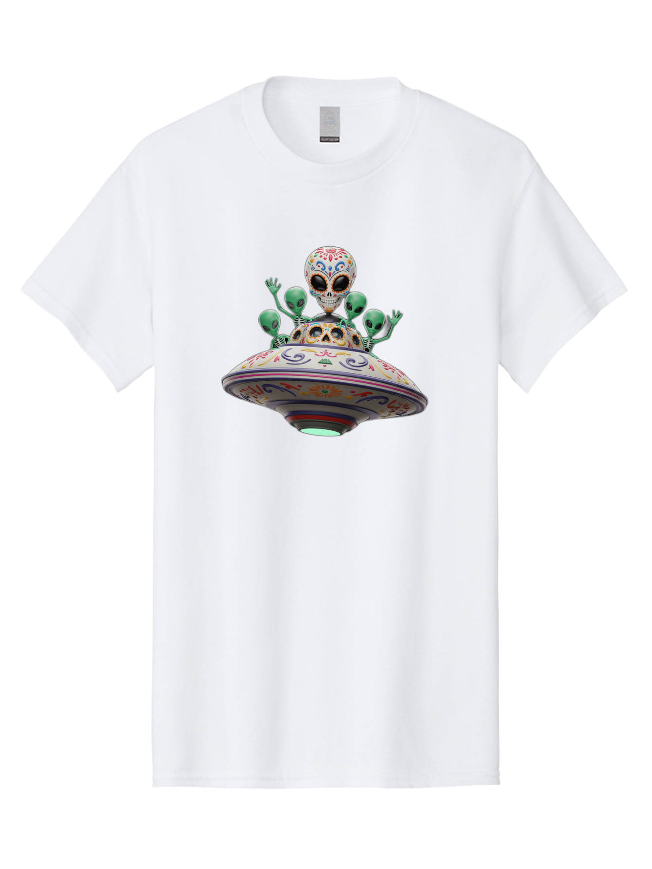 Sugar-Skulls-Ufo Men'S Graphic Tee, 100% Cotton, Comfortable Casual Summer Wear, Machine Washable, Sugar Skull, Aliens, Ufo, Day Of The Dead, Colorful Design, Whimsical Art, Mystical Creatures, Symbolic Representation, Fantasy, Bac500