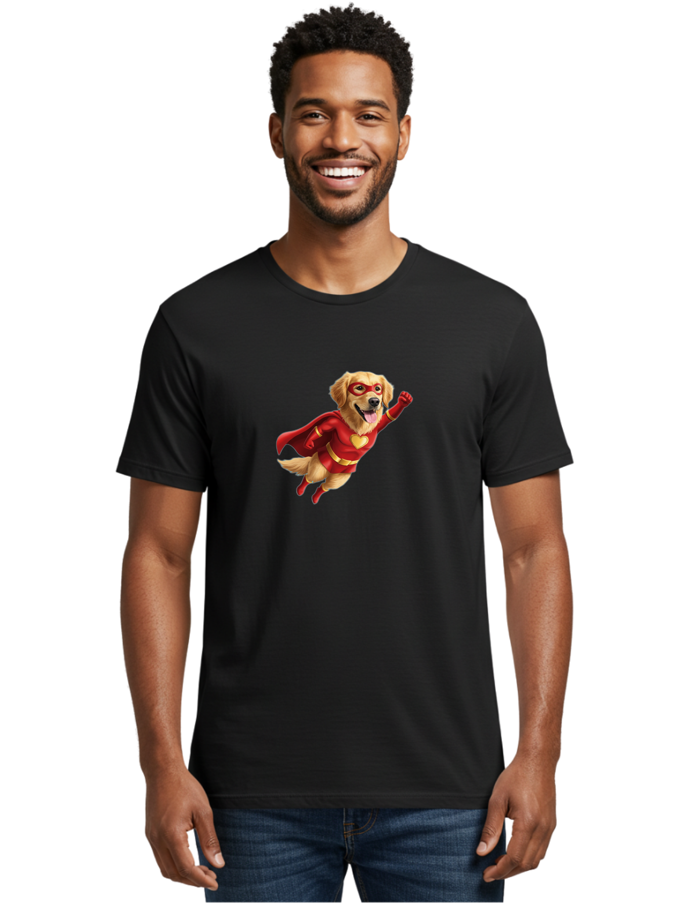 Super-Dog Men'S Graphic Tee, 100% Cotton, Comfortable Casual Summer Wear, Machine Washable, Cartoon Dog In Red Superhero Costume, Flying Dog, Golden Retriever, Superhero Cape, Red Mask, Yellow Belt, Cartoon Character, Dog Hero, Superpowers Bac501