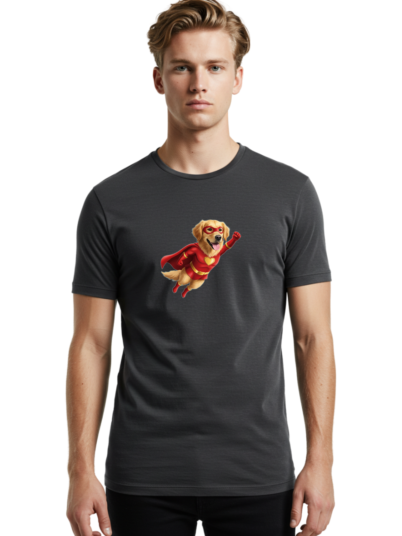 Super-Dog Men'S Graphic Tee, 100% Cotton, Comfortable Casual Summer Wear, Machine Washable, Cartoon Dog In Red Superhero Costume, Flying Dog, Golden Retriever, Superhero Cape, Red Mask, Yellow Belt, Cartoon Character, Dog Hero, Superpowers Bac501