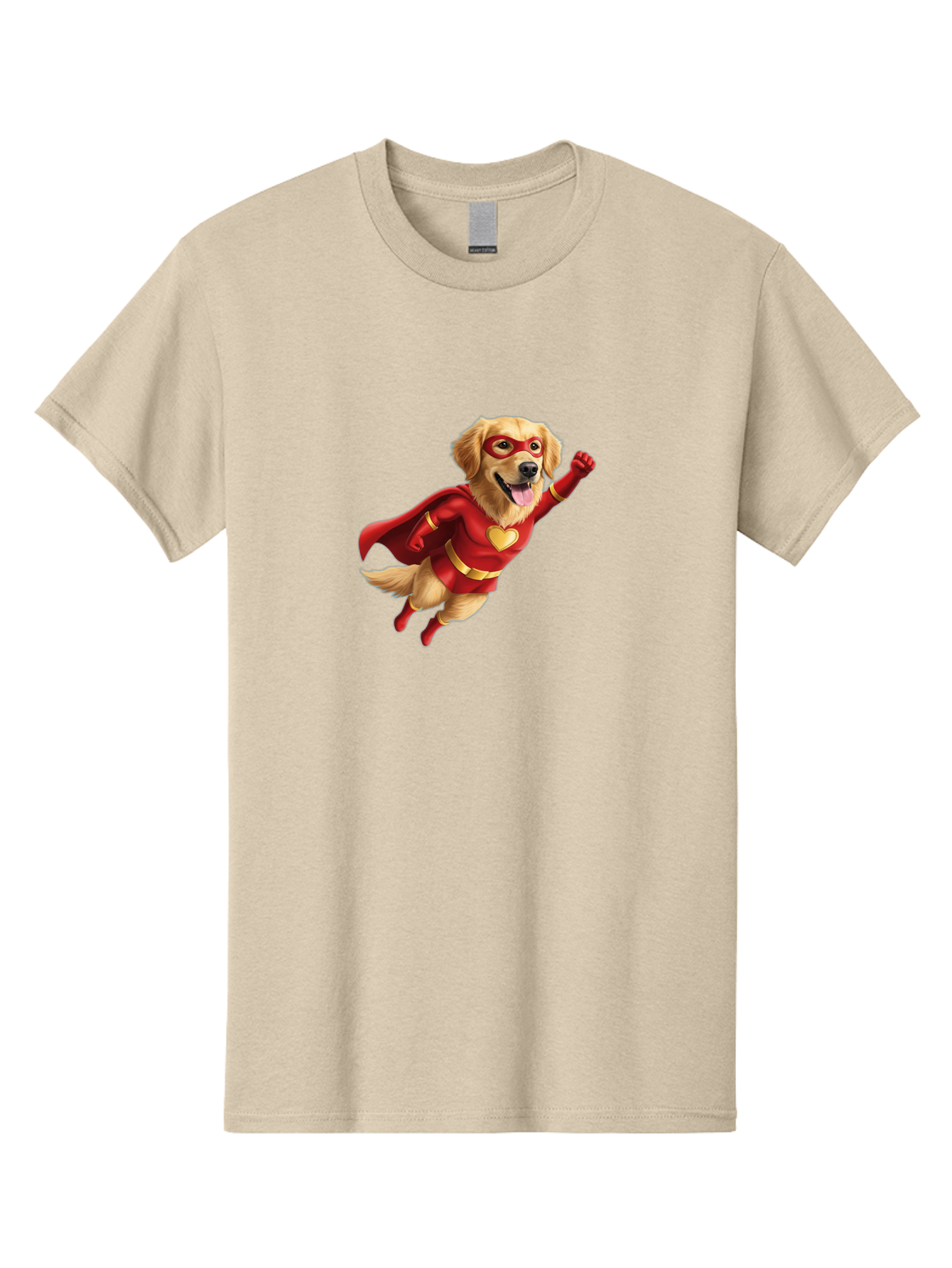 Super-Dog Men'S Graphic Tee, 100% Cotton, Comfortable Casual Summer Wear, Machine Washable, Cartoon Dog In Red Superhero Costume, Flying Dog, Golden Retriever, Superhero Cape, Red Mask, Yellow Belt, Cartoon Character, Dog Hero, Superpowers Bac501