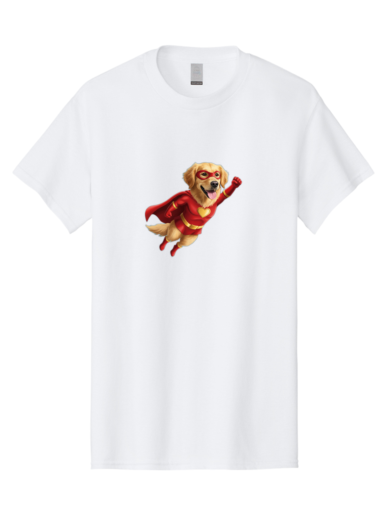 Super-Dog Men'S Graphic Tee, 100% Cotton, Comfortable Casual Summer Wear, Machine Washable, Cartoon Dog In Red Superhero Costume, Flying Dog, Golden Retriever, Superhero Cape, Red Mask, Yellow Belt, Cartoon Character, Dog Hero, Superpowers Bac501