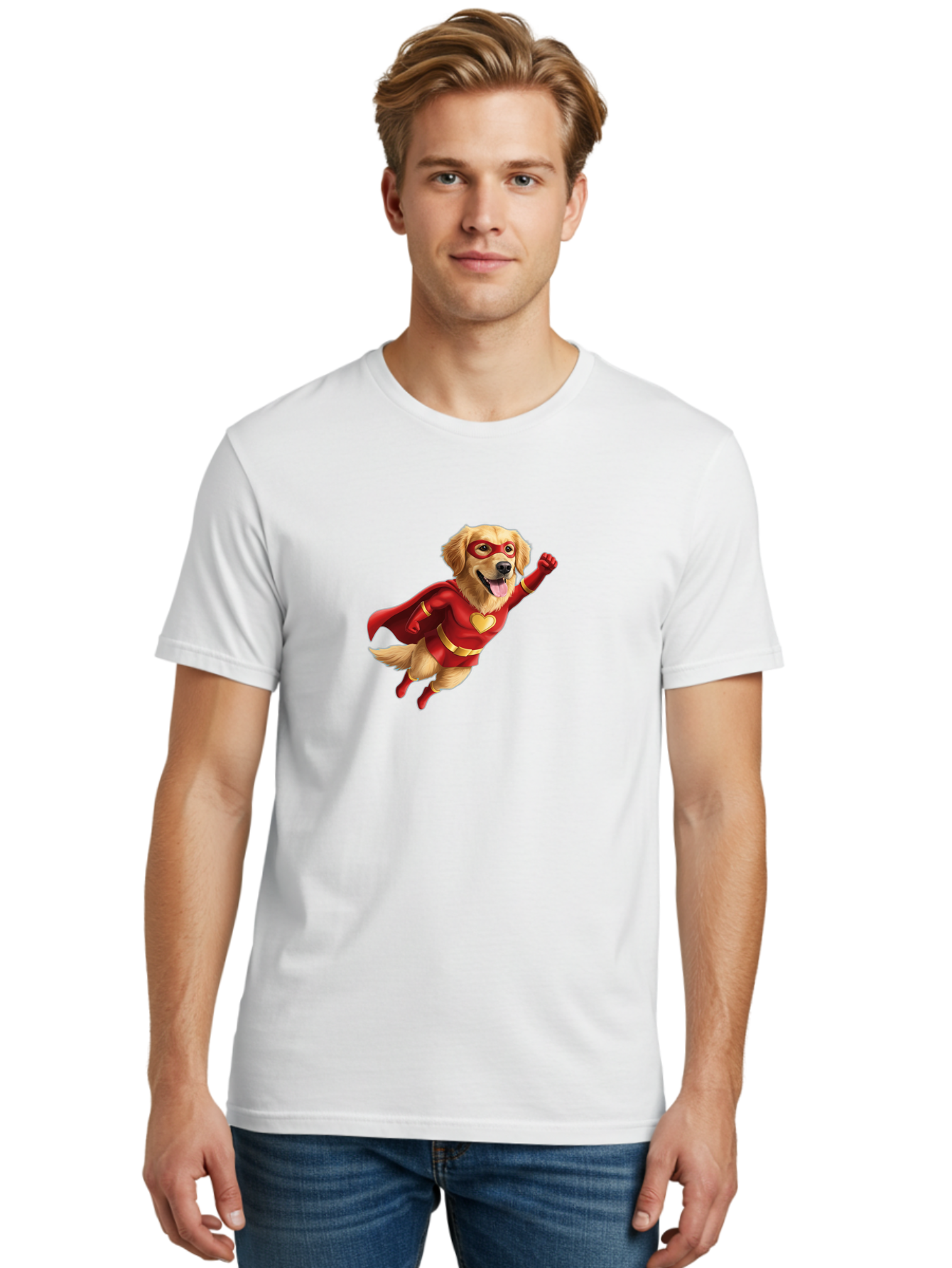 Super-Dog Men'S Graphic Tee, 100% Cotton, Comfortable Casual Summer Wear, Machine Washable, Cartoon Dog In Red Superhero Costume, Flying Dog, Golden Retriever, Superhero Cape, Red Mask, Yellow Belt, Cartoon Character, Dog Hero, Superpowers Bac501