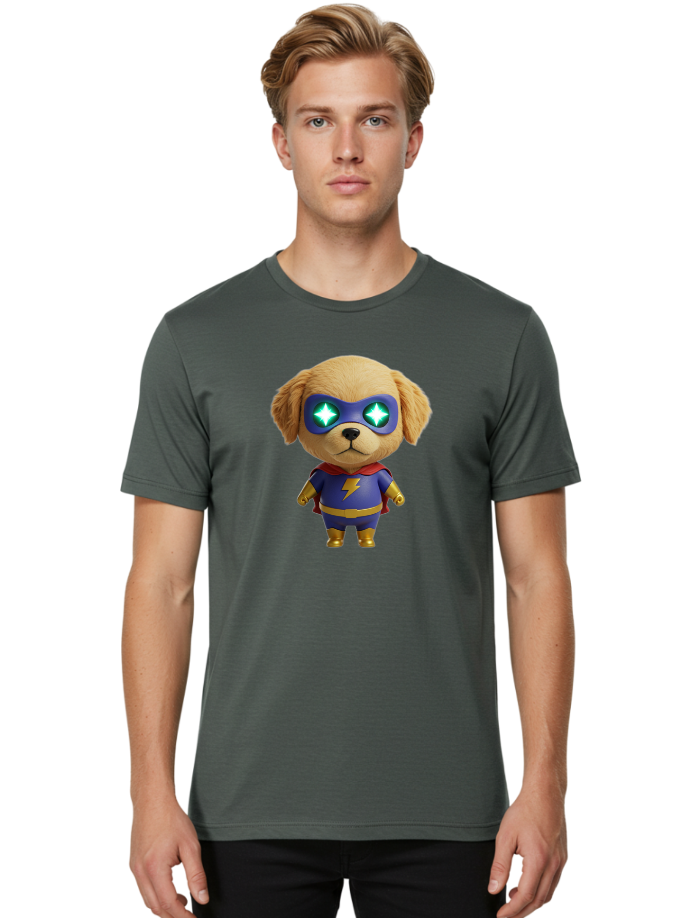 Super-Puppy Men'S Graphic Tee, 100% Cotton, Comfortable Casual Summer Wear, Machine Washable, Superhero Dog, Cartoon Character, Puppy Wearing Mask, Superhero Costume, Puppy With Cape, Dog With Lightning Bolt, Cute Puppy, Digital Illustration, Bac502