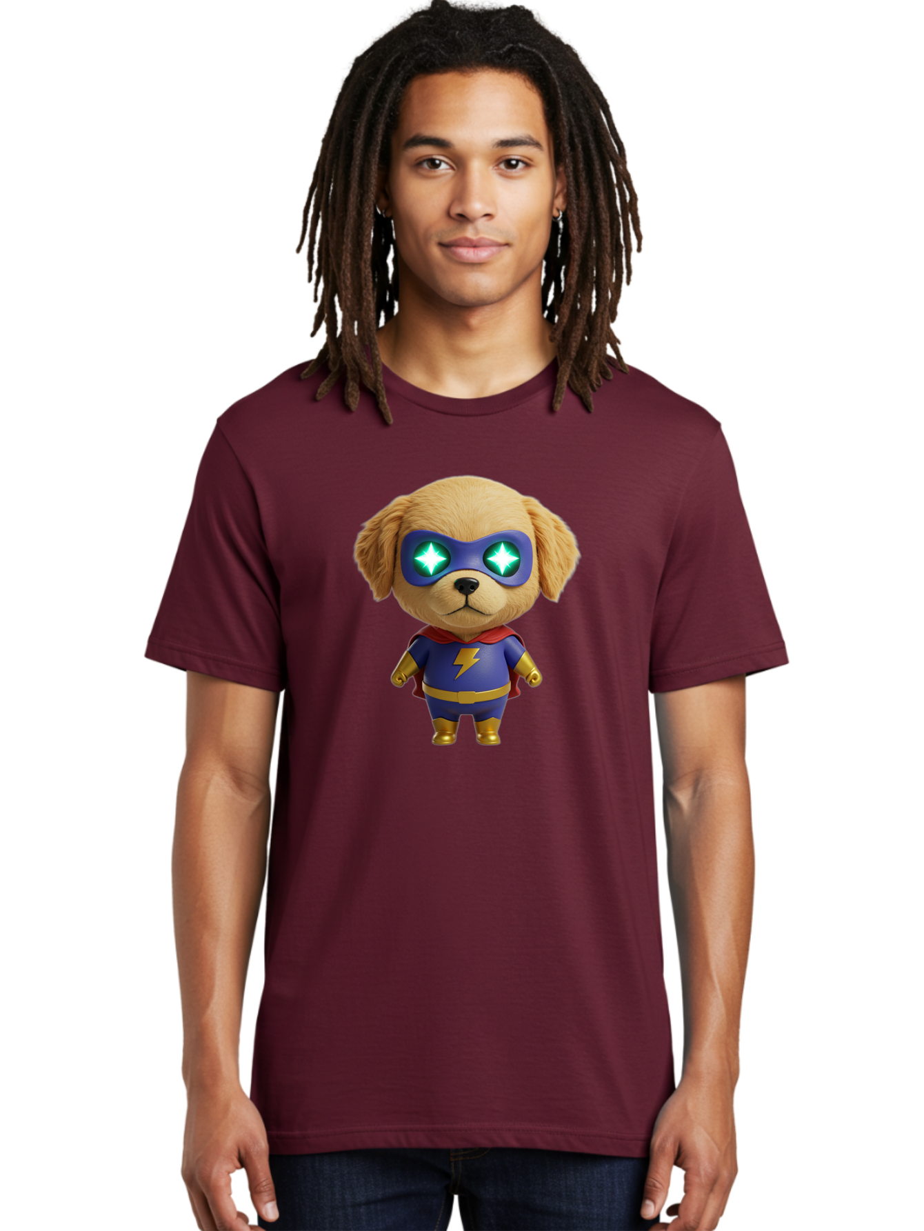 Super-Puppy Men'S Graphic Tee, 100% Cotton, Comfortable Casual Summer Wear, Machine Washable, Superhero Dog, Cartoon Character, Puppy Wearing Mask, Superhero Costume, Puppy With Cape, Dog With Lightning Bolt, Cute Puppy, Digital Illustration, Bac502
