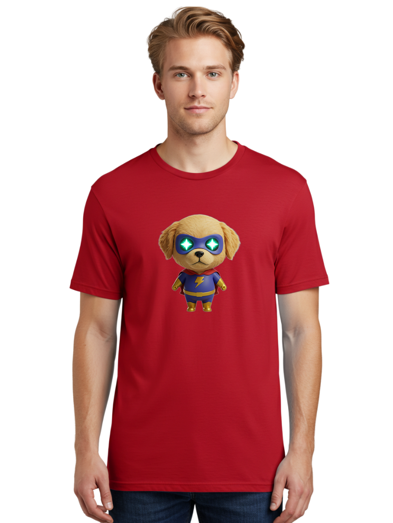 Super-Puppy Men'S Graphic Tee, 100% Cotton, Comfortable Casual Summer Wear, Machine Washable, Superhero Dog, Cartoon Character, Puppy Wearing Mask, Superhero Costume, Puppy With Cape, Dog With Lightning Bolt, Cute Puppy, Digital Illustration, Bac502