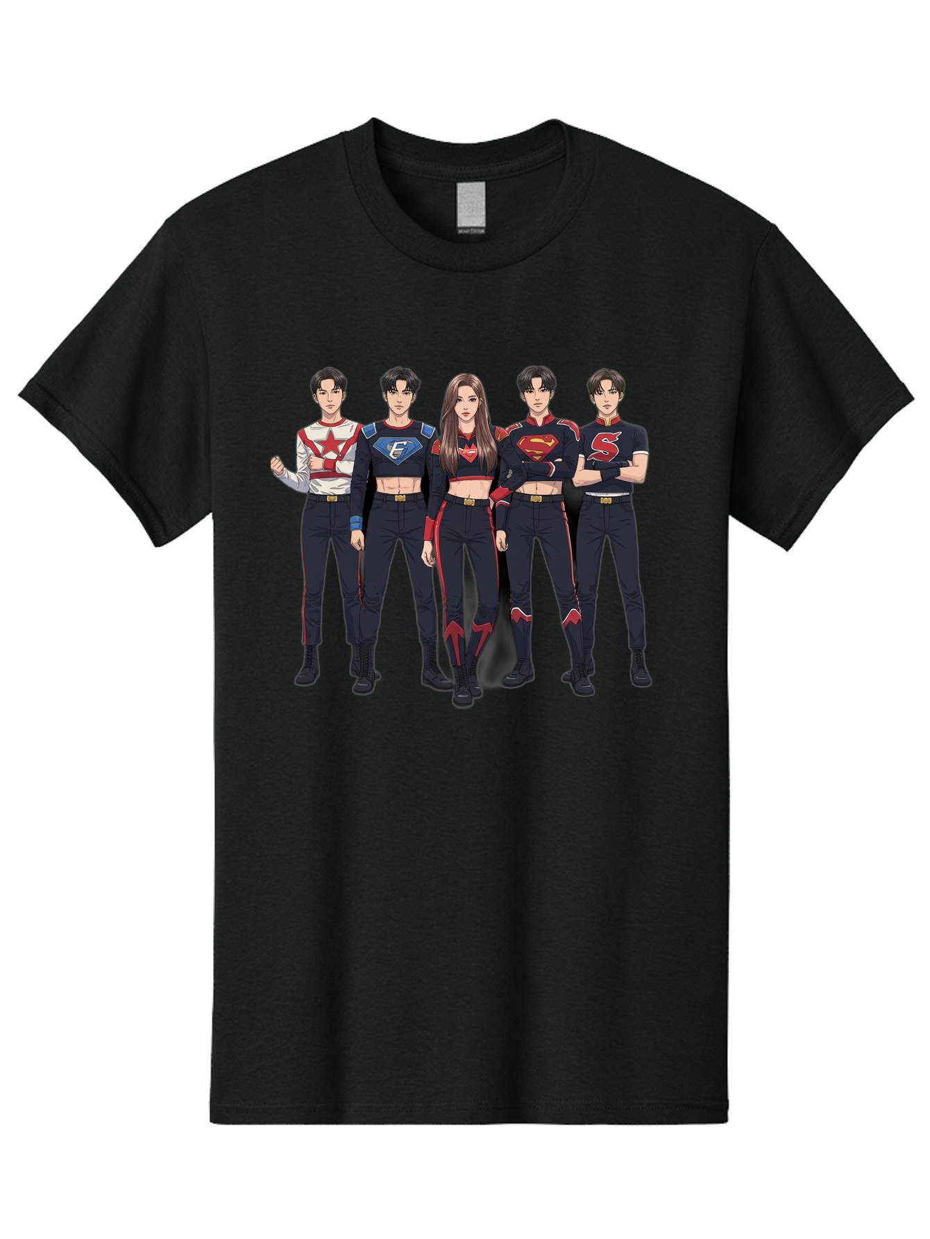 Superheroes-Kpop-Group Men'S Graphic Tee, 100% Cotton, Comfortable Casual Summer Wear, Machine Washable, Superhero Team, K-Pop Inspired Costumes, Superhero Logos, Red And Black Attire, Superhero Fashion, Comic Book Style, Modern Superheroes, Bac503