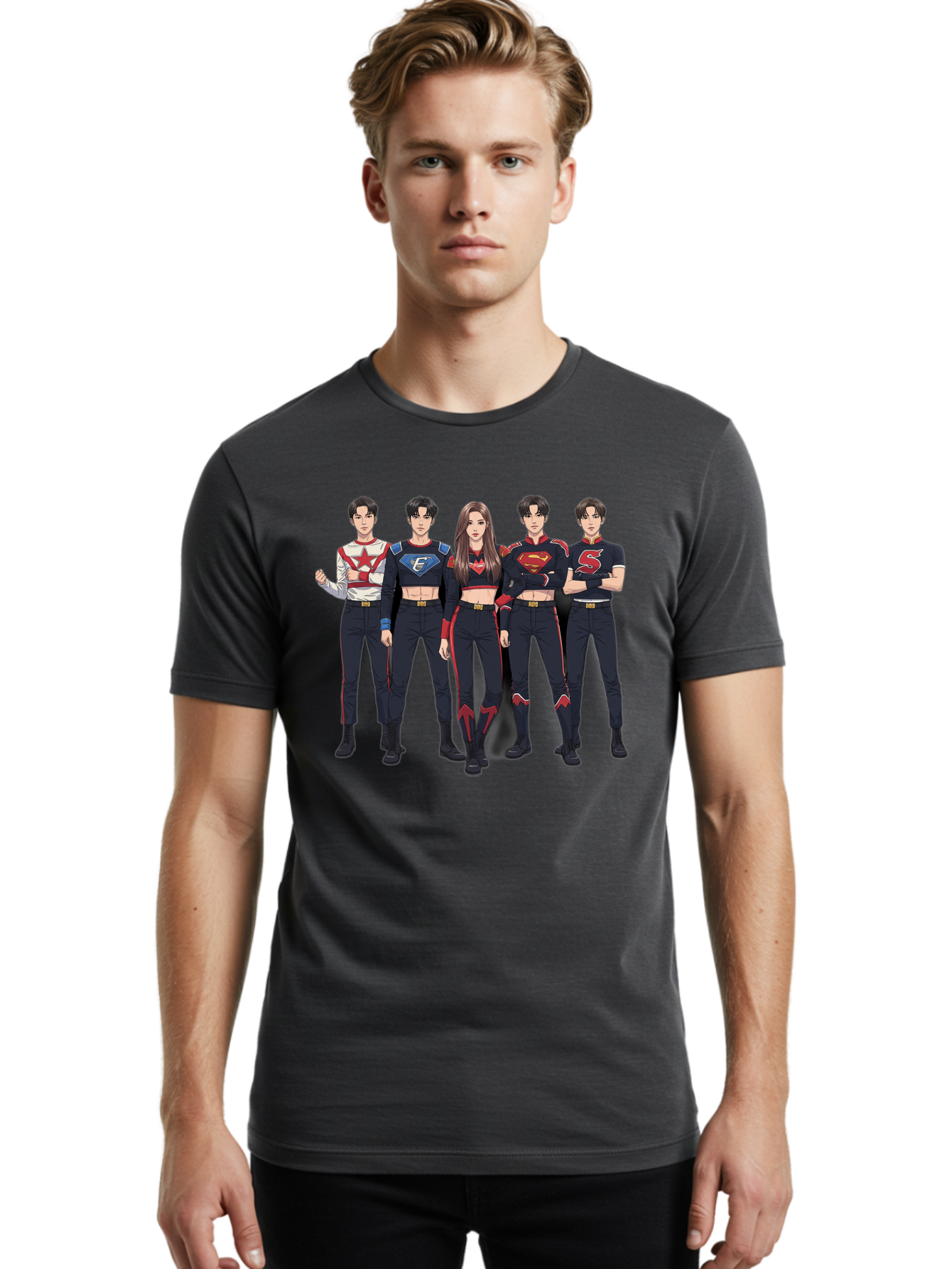 Superheroes-Kpop-Group Men'S Graphic Tee, 100% Cotton, Comfortable Casual Summer Wear, Machine Washable, Superhero Team, K-Pop Inspired Costumes, Superhero Logos, Red And Black Attire, Superhero Fashion, Comic Book Style, Modern Superheroes, Bac503