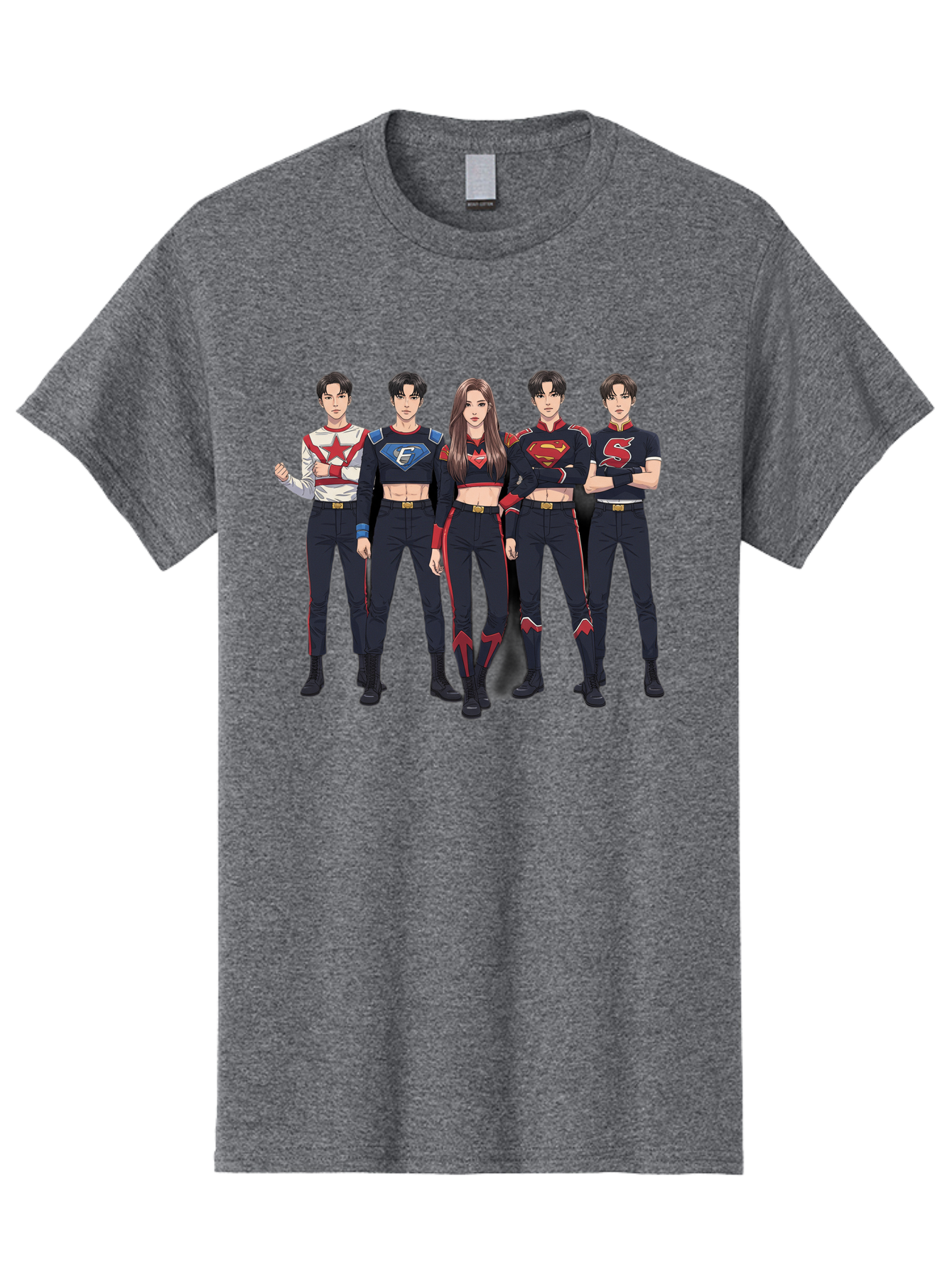 Superheroes-Kpop-Group Men'S Graphic Tee, 100% Cotton, Comfortable Casual Summer Wear, Machine Washable, Superhero Team, K-Pop Inspired Costumes, Superhero Logos, Red And Black Attire, Superhero Fashion, Comic Book Style, Modern Superheroes, Bac503