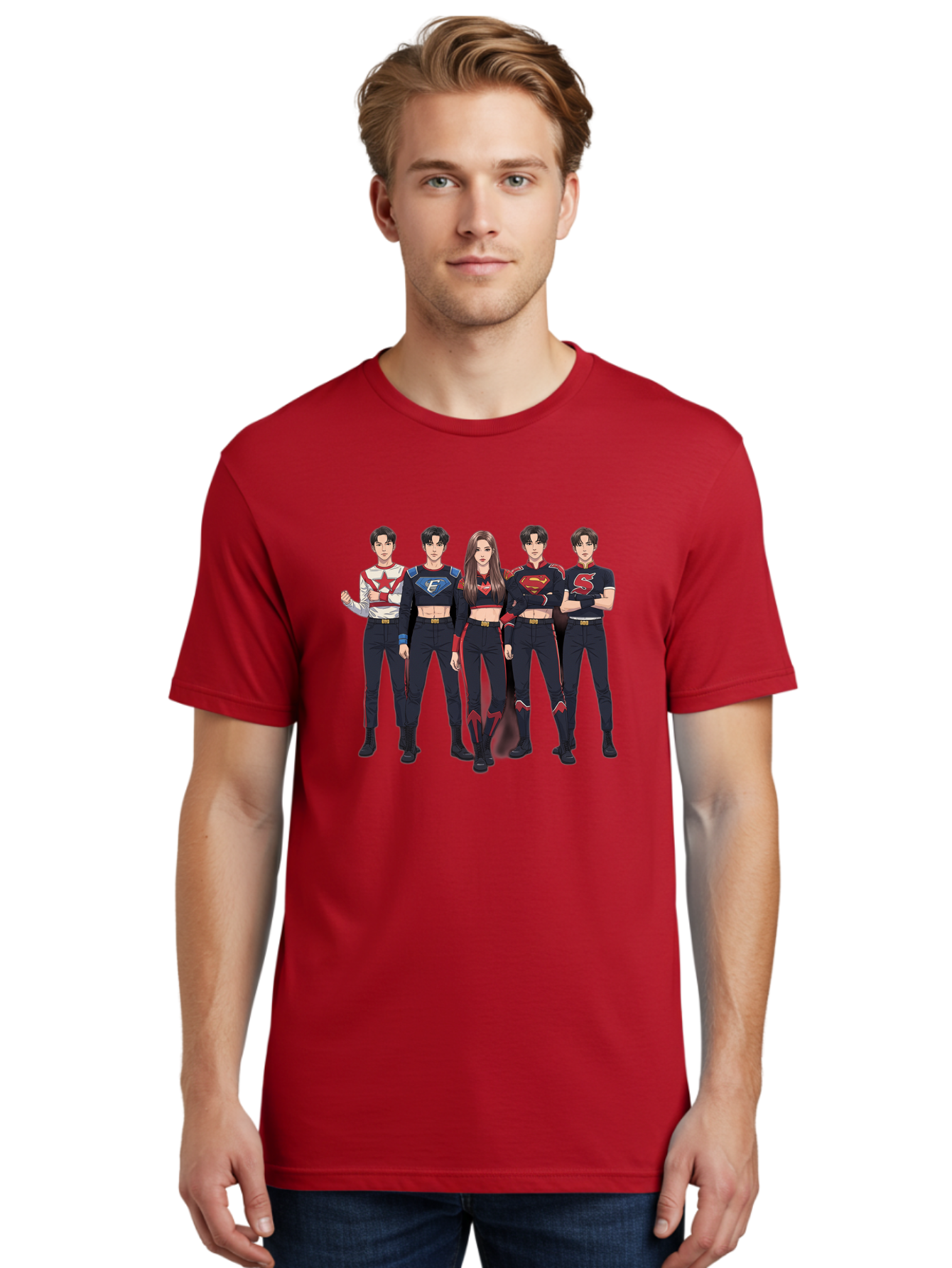 Superheroes-Kpop-Group Men'S Graphic Tee, 100% Cotton, Comfortable Casual Summer Wear, Machine Washable, Superhero Team, K-Pop Inspired Costumes, Superhero Logos, Red And Black Attire, Superhero Fashion, Comic Book Style, Modern Superheroes, Bac503