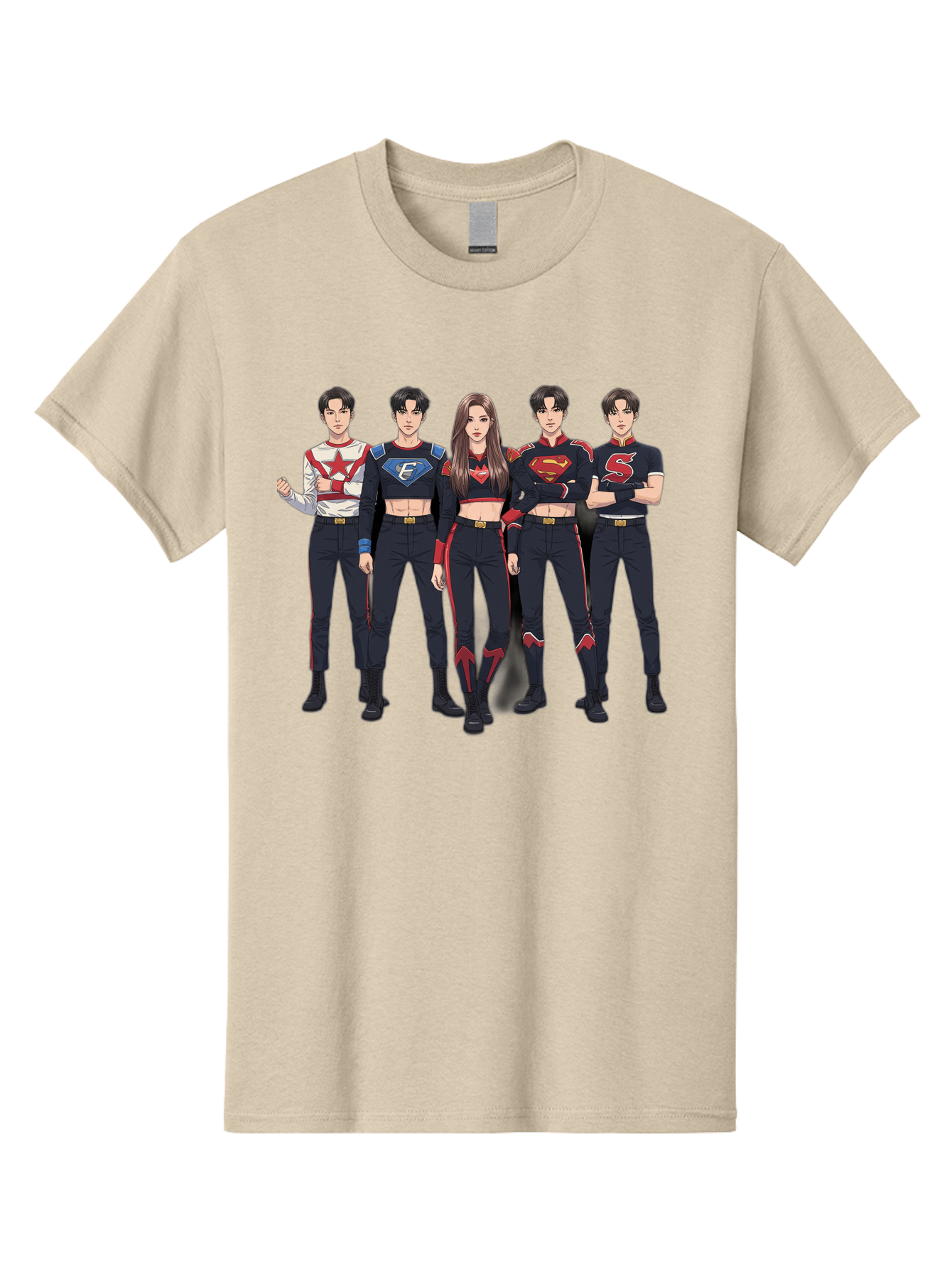 Superheroes-Kpop-Group Men'S Graphic Tee, 100% Cotton, Comfortable Casual Summer Wear, Machine Washable, Superhero Team, K-Pop Inspired Costumes, Superhero Logos, Red And Black Attire, Superhero Fashion, Comic Book Style, Modern Superheroes, Bac503