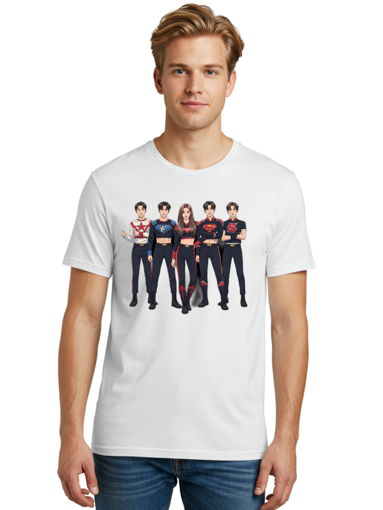 Superheroes-Kpop-Group Men'S Graphic Tee, 100% Cotton, Comfortable Casual Summer Wear, Machine Washable, Superhero Team, K-Pop Inspired Costumes, Superhero Logos, Red And Black Attire, Superhero Fashion, Comic Book Style, Modern Superheroes, Bac503