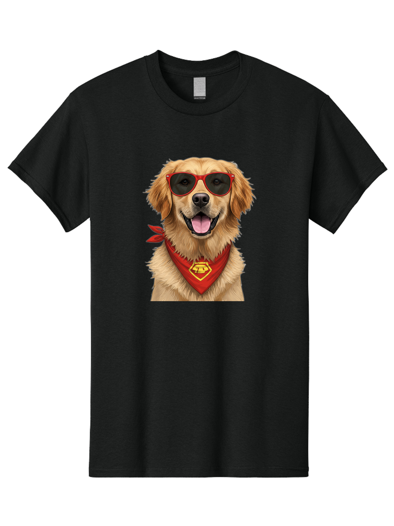 Superman-Dog Men'S Graphic Tee, 100% Cotton, Comfortable Casual Summer Wear, Machine Washable, Golden Retriever Wearing Red Sunglasses, Red Bandana With Yellow Logo, Cool Dog, Humorous Illustration, Fun Pet, Dog In Shades, Canine Fashion Bac505