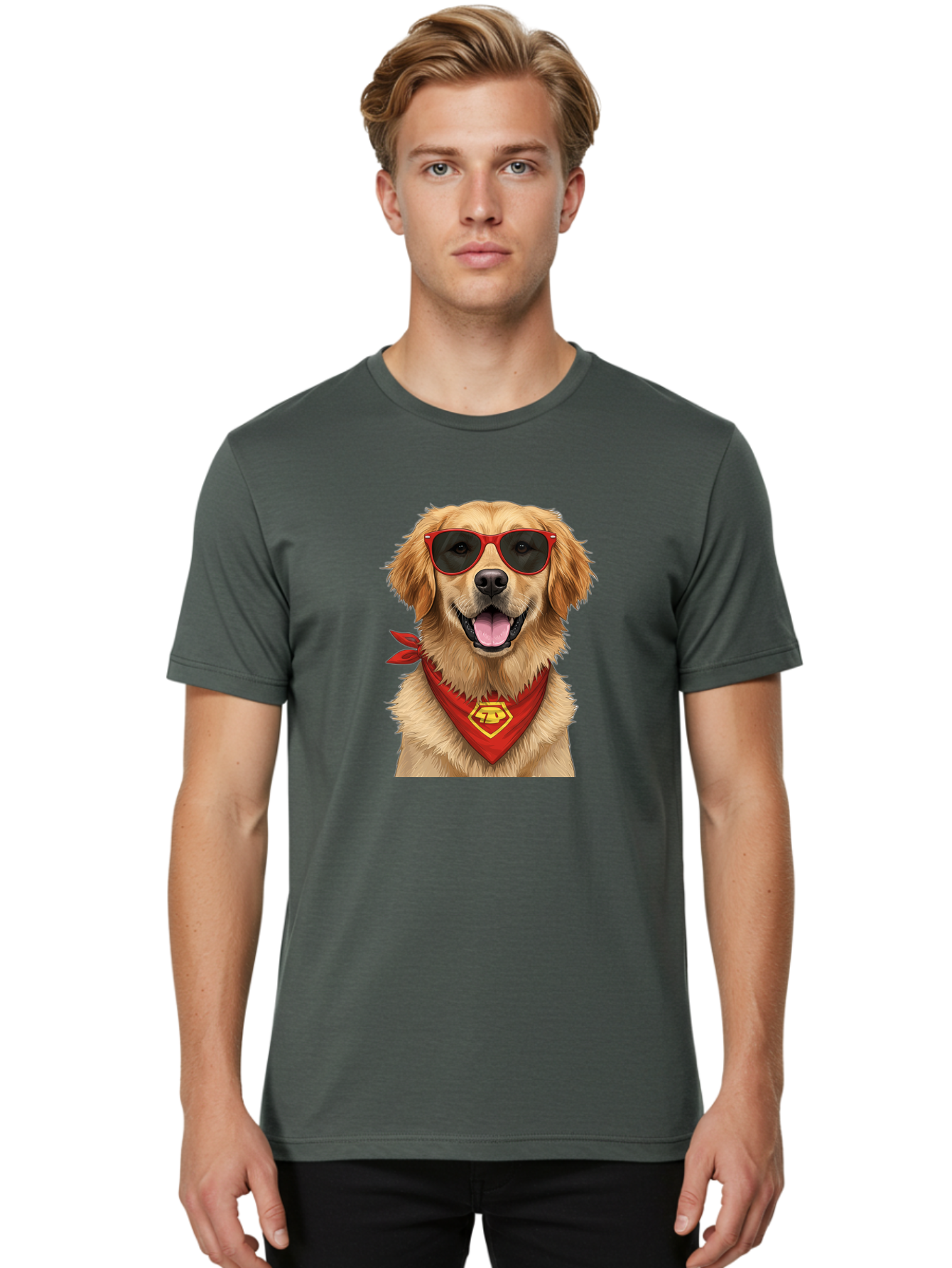 Superman-Dog Men'S Graphic Tee, 100% Cotton, Comfortable Casual Summer Wear, Machine Washable, Golden Retriever Wearing Red Sunglasses, Red Bandana With Yellow Logo, Cool Dog, Humorous Illustration, Fun Pet, Dog In Shades, Canine Fashion Bac505