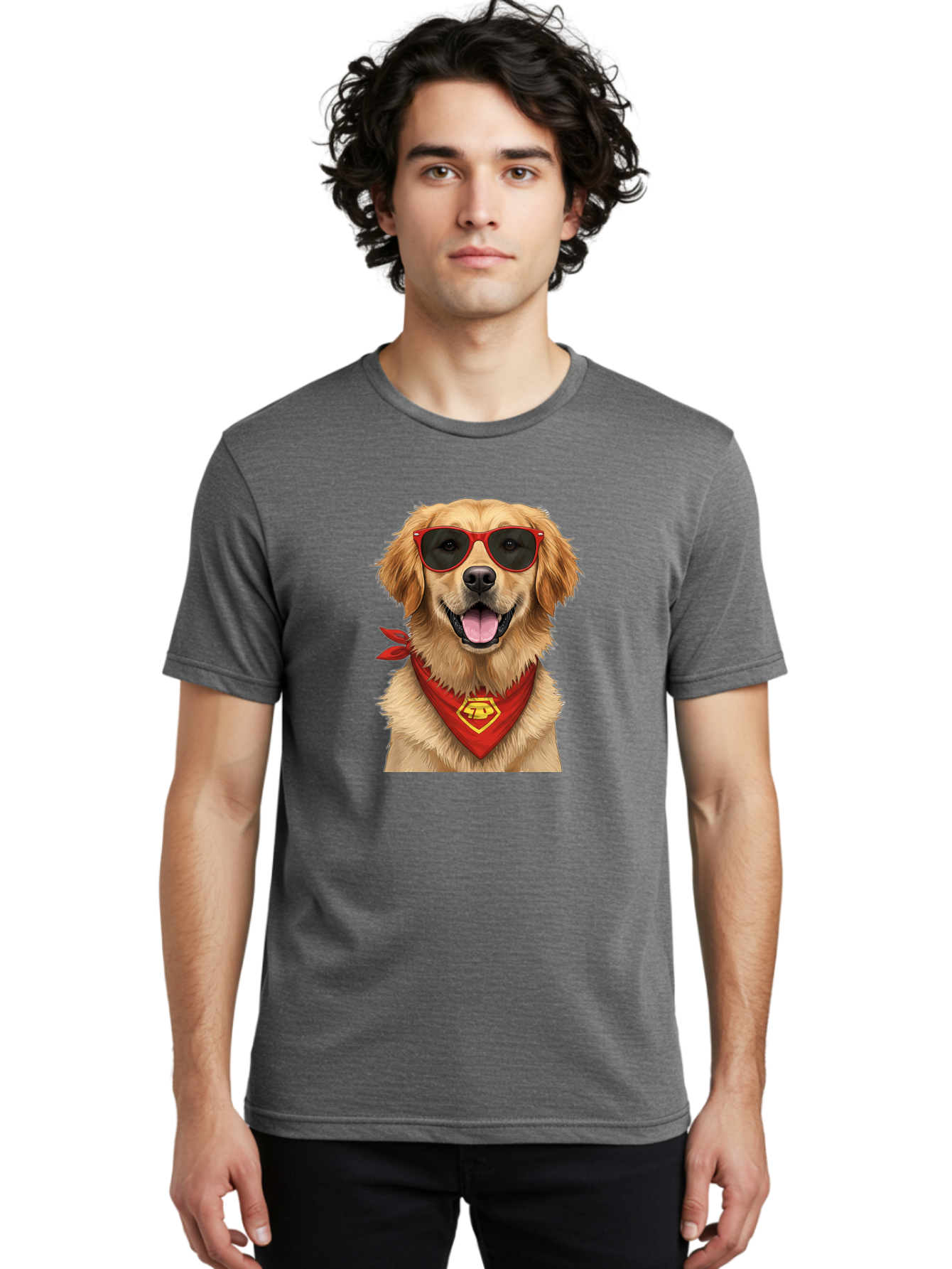 Superman-Dog Men'S Graphic Tee, 100% Cotton, Comfortable Casual Summer Wear, Machine Washable, Golden Retriever Wearing Red Sunglasses, Red Bandana With Yellow Logo, Cool Dog, Humorous Illustration, Fun Pet, Dog In Shades, Canine Fashion Bac505