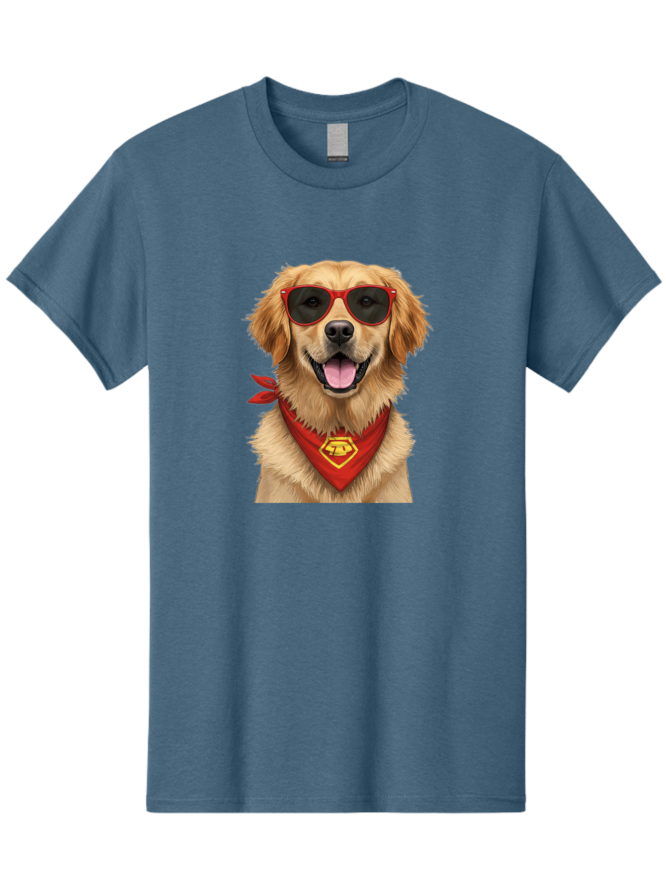 Superman-Dog Men'S Graphic Tee, 100% Cotton, Comfortable Casual Summer Wear, Machine Washable, Golden Retriever Wearing Red Sunglasses, Red Bandana With Yellow Logo, Cool Dog, Humorous Illustration, Fun Pet, Dog In Shades, Canine Fashion Bac505