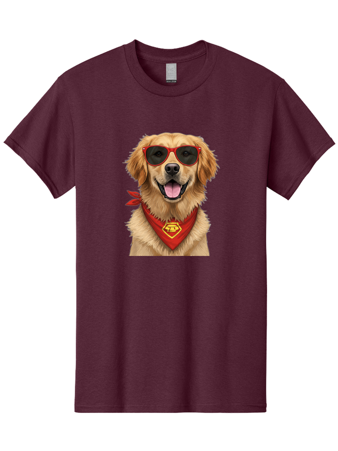 Superman-Dog Men'S Graphic Tee, 100% Cotton, Comfortable Casual Summer Wear, Machine Washable, Golden Retriever Wearing Red Sunglasses, Red Bandana With Yellow Logo, Cool Dog, Humorous Illustration, Fun Pet, Dog In Shades, Canine Fashion Bac505