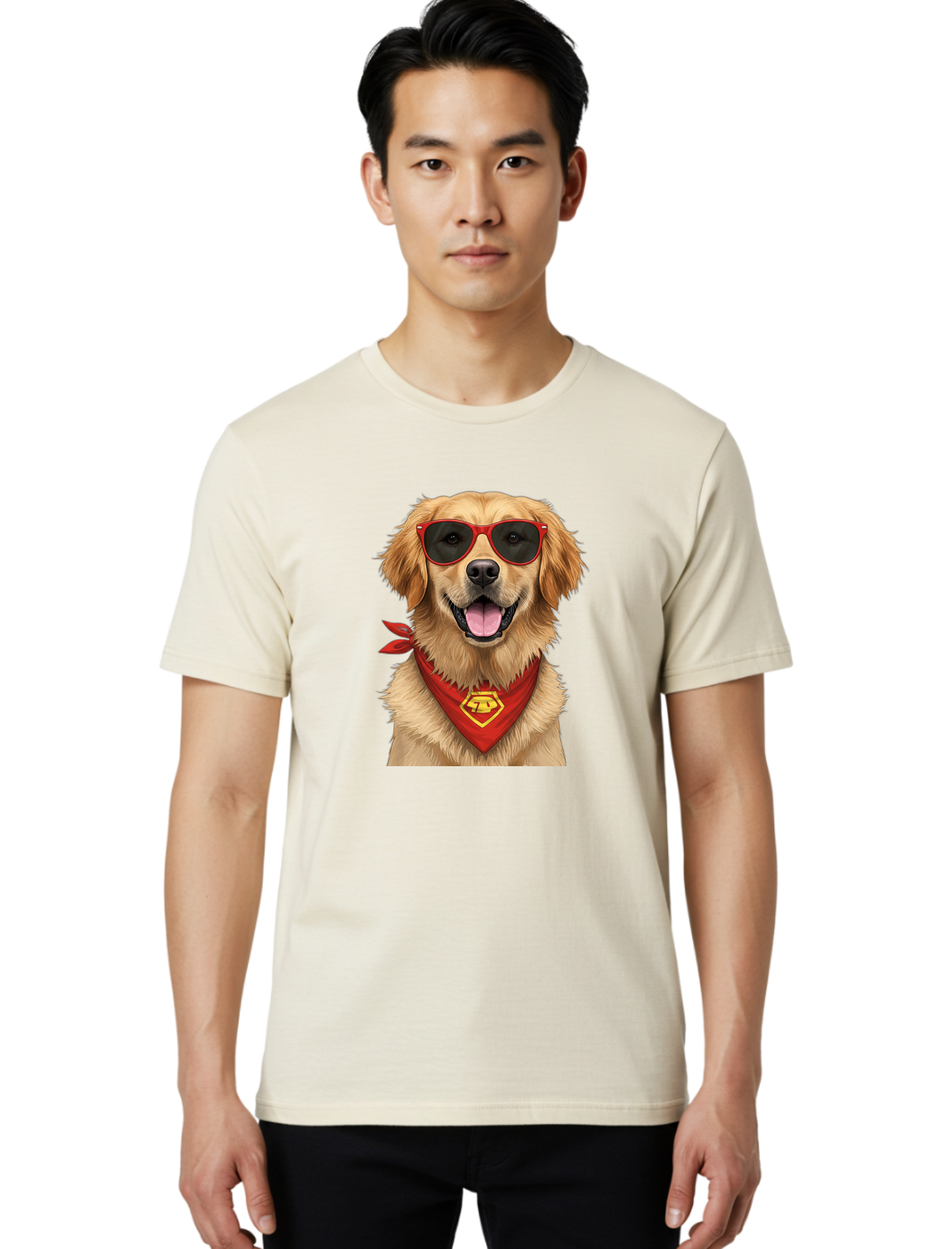 Superman-Dog Men'S Graphic Tee, 100% Cotton, Comfortable Casual Summer Wear, Machine Washable, Golden Retriever Wearing Red Sunglasses, Red Bandana With Yellow Logo, Cool Dog, Humorous Illustration, Fun Pet, Dog In Shades, Canine Fashion Bac505