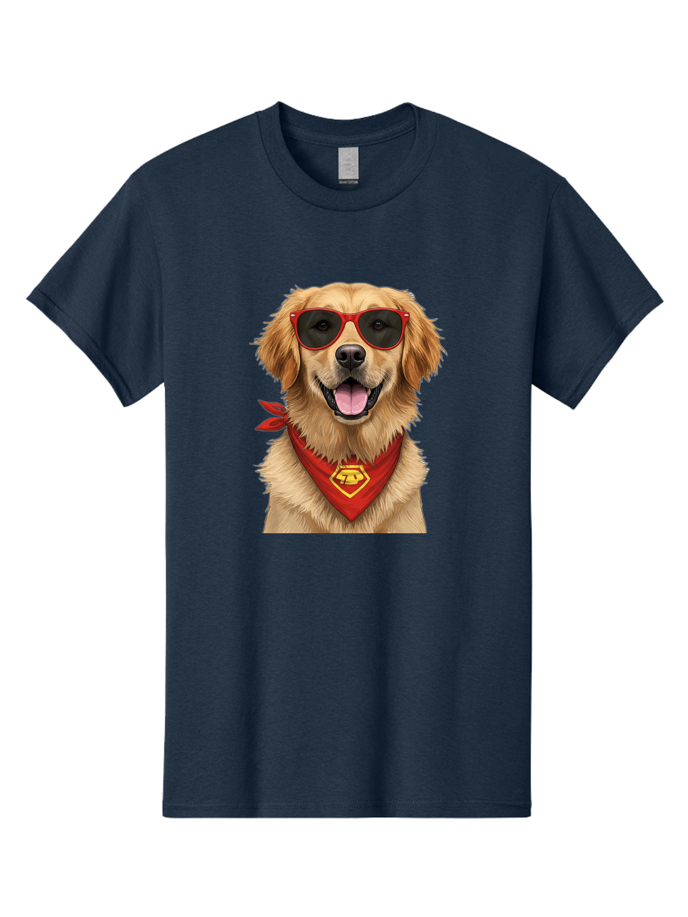 Superman-Dog Men'S Graphic Tee, 100% Cotton, Comfortable Casual Summer Wear, Machine Washable, Golden Retriever Wearing Red Sunglasses, Red Bandana With Yellow Logo, Cool Dog, Humorous Illustration, Fun Pet, Dog In Shades, Canine Fashion Bac505
