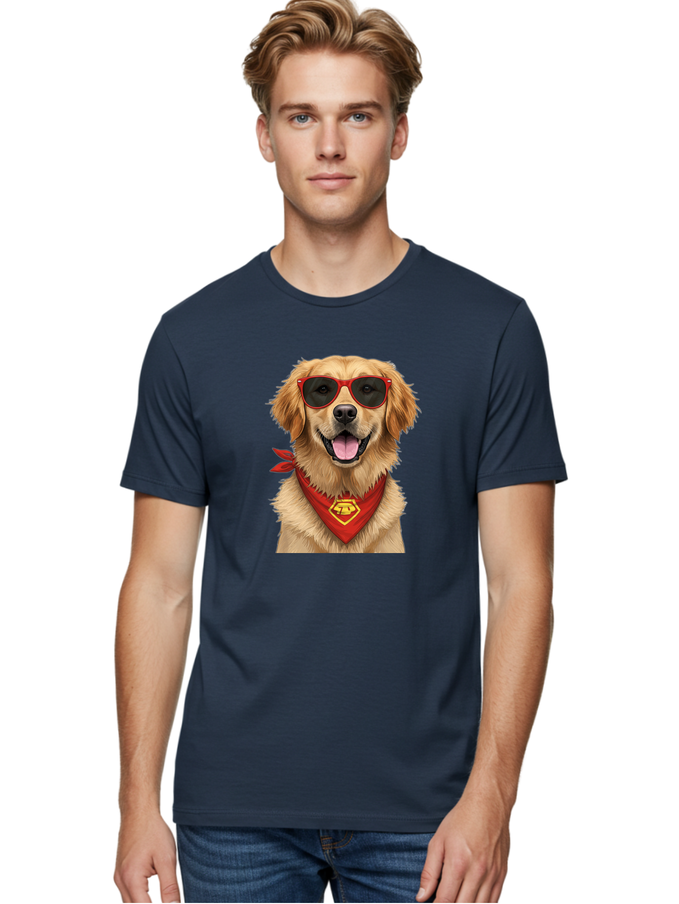 Superman-Dog Men'S Graphic Tee, 100% Cotton, Comfortable Casual Summer Wear, Machine Washable, Golden Retriever Wearing Red Sunglasses, Red Bandana With Yellow Logo, Cool Dog, Humorous Illustration, Fun Pet, Dog In Shades, Canine Fashion Bac505