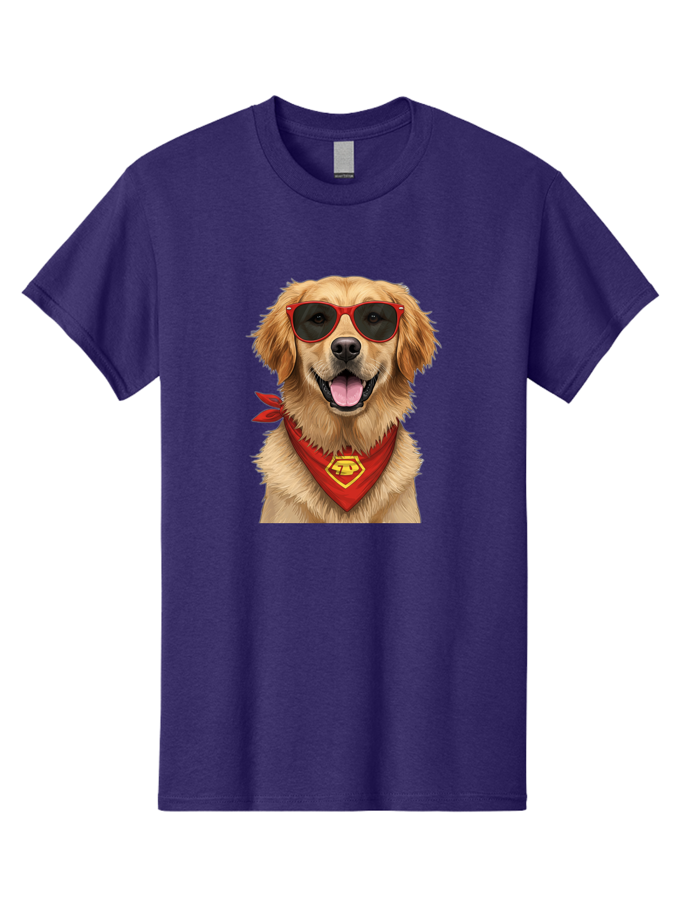 Superman-Dog Men'S Graphic Tee, 100% Cotton, Comfortable Casual Summer Wear, Machine Washable, Golden Retriever Wearing Red Sunglasses, Red Bandana With Yellow Logo, Cool Dog, Humorous Illustration, Fun Pet, Dog In Shades, Canine Fashion Bac505