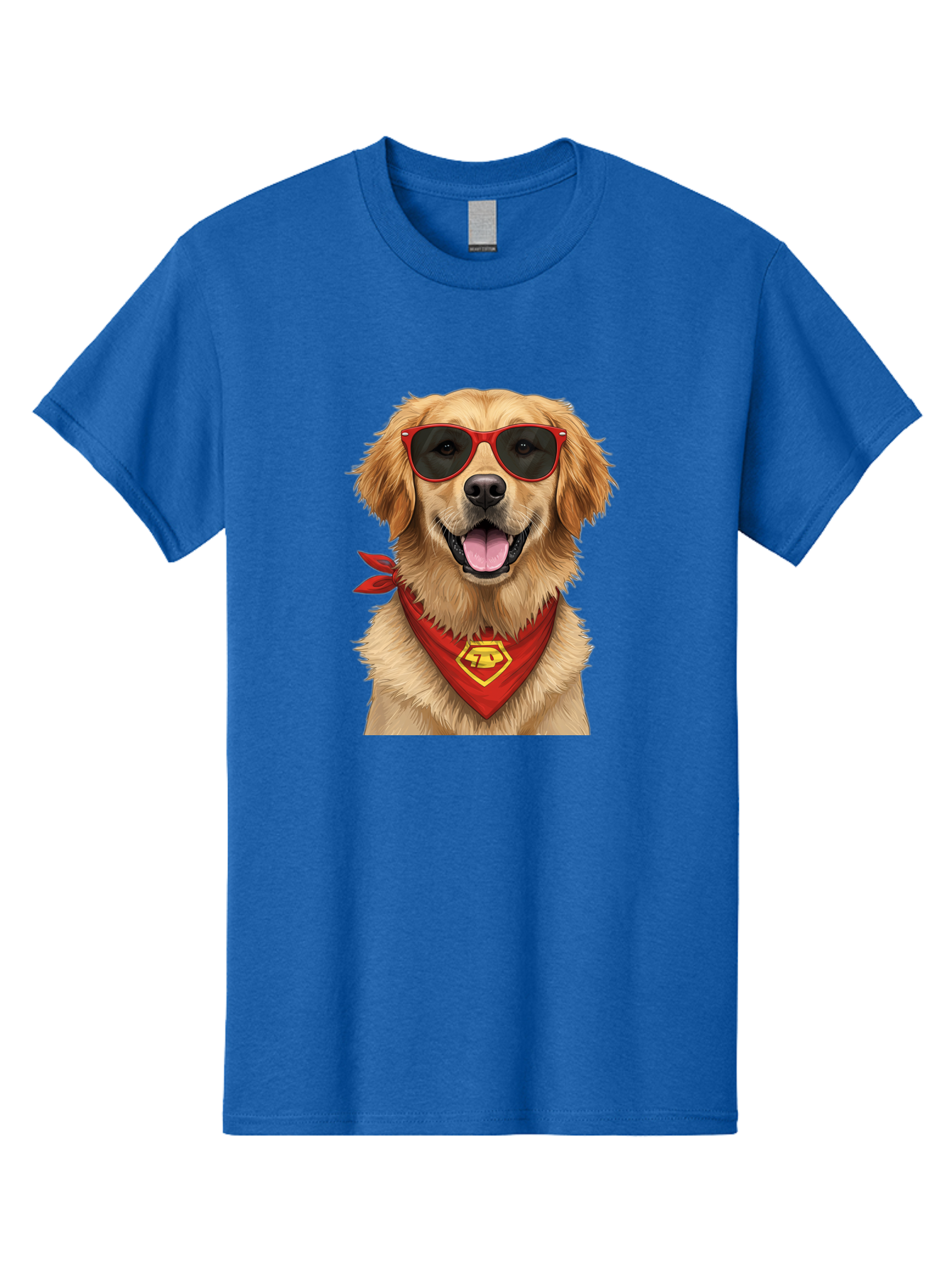 Superman-Dog Men'S Graphic Tee, 100% Cotton, Comfortable Casual Summer Wear, Machine Washable, Golden Retriever Wearing Red Sunglasses, Red Bandana With Yellow Logo, Cool Dog, Humorous Illustration, Fun Pet, Dog In Shades, Canine Fashion Bac505