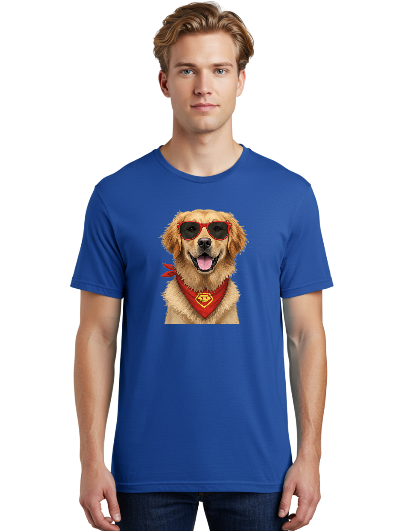 Superman-Dog Men'S Graphic Tee, 100% Cotton, Comfortable Casual Summer Wear, Machine Washable, Golden Retriever Wearing Red Sunglasses, Red Bandana With Yellow Logo, Cool Dog, Humorous Illustration, Fun Pet, Dog In Shades, Canine Fashion Bac505