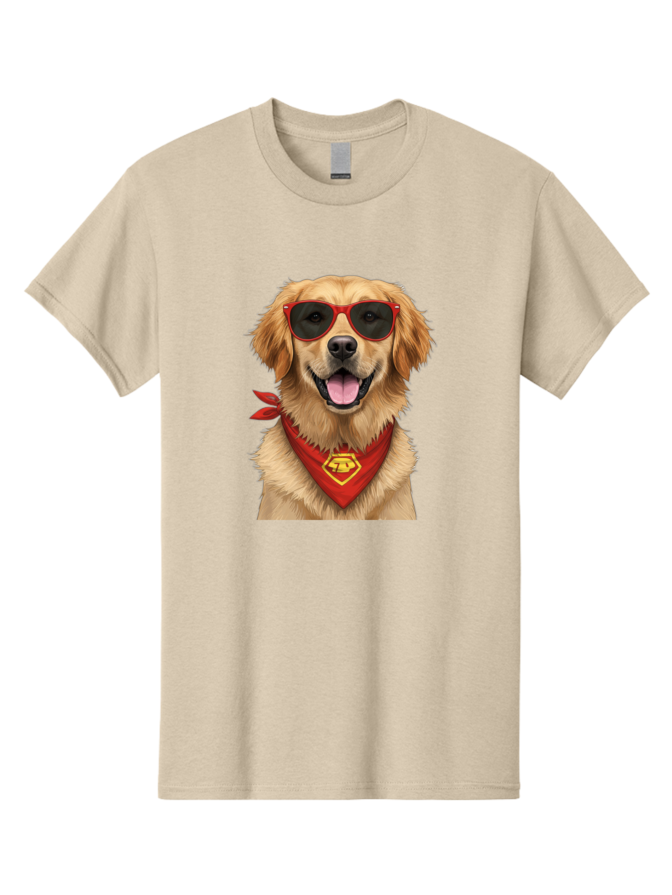 Superman-Dog Men'S Graphic Tee, 100% Cotton, Comfortable Casual Summer Wear, Machine Washable, Golden Retriever Wearing Red Sunglasses, Red Bandana With Yellow Logo, Cool Dog, Humorous Illustration, Fun Pet, Dog In Shades, Canine Fashion Bac505