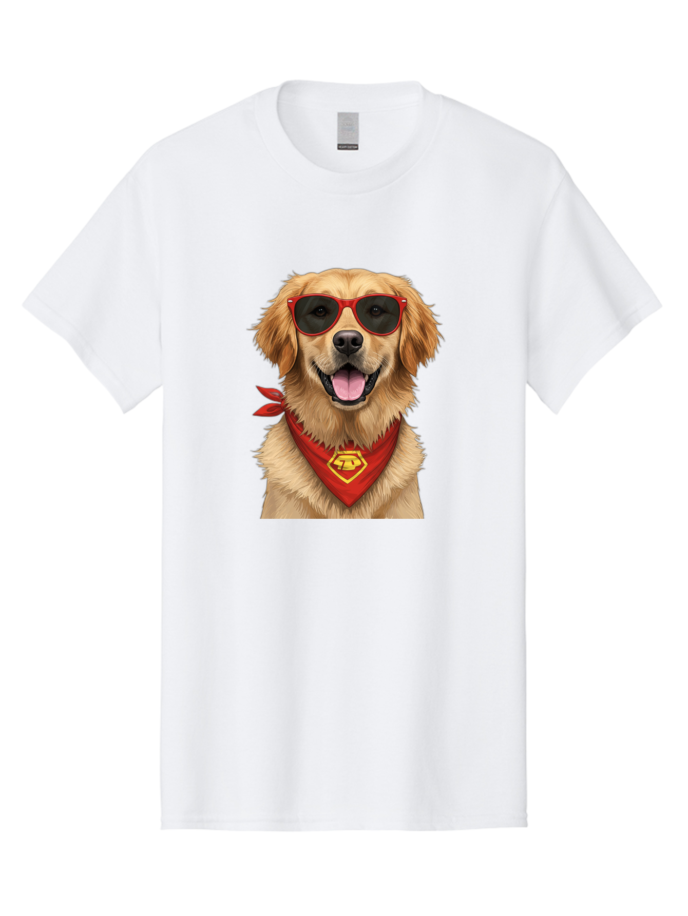 Superman-Dog Men'S Graphic Tee, 100% Cotton, Comfortable Casual Summer Wear, Machine Washable, Golden Retriever Wearing Red Sunglasses, Red Bandana With Yellow Logo, Cool Dog, Humorous Illustration, Fun Pet, Dog In Shades, Canine Fashion Bac505