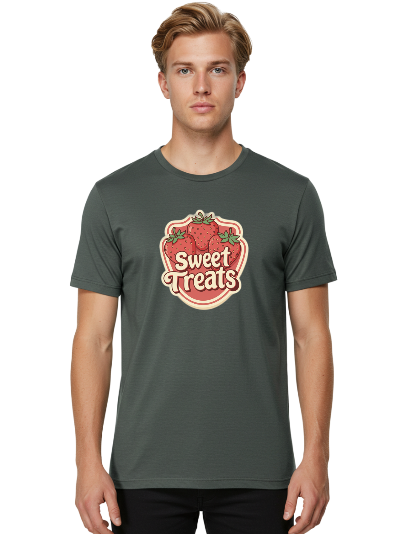 Sweet-Treats Men'S Graphic Tee, 100% Cotton, Comfortable Casual Summer Wear, Machine Washable, Strawberry Dessert, Sweet Treats, Fruit Illustration, Cartoon Style, Dessert Logo, Strawberries, Yummy Treats, Tasty Desserts, Fruit Logo Bac507
