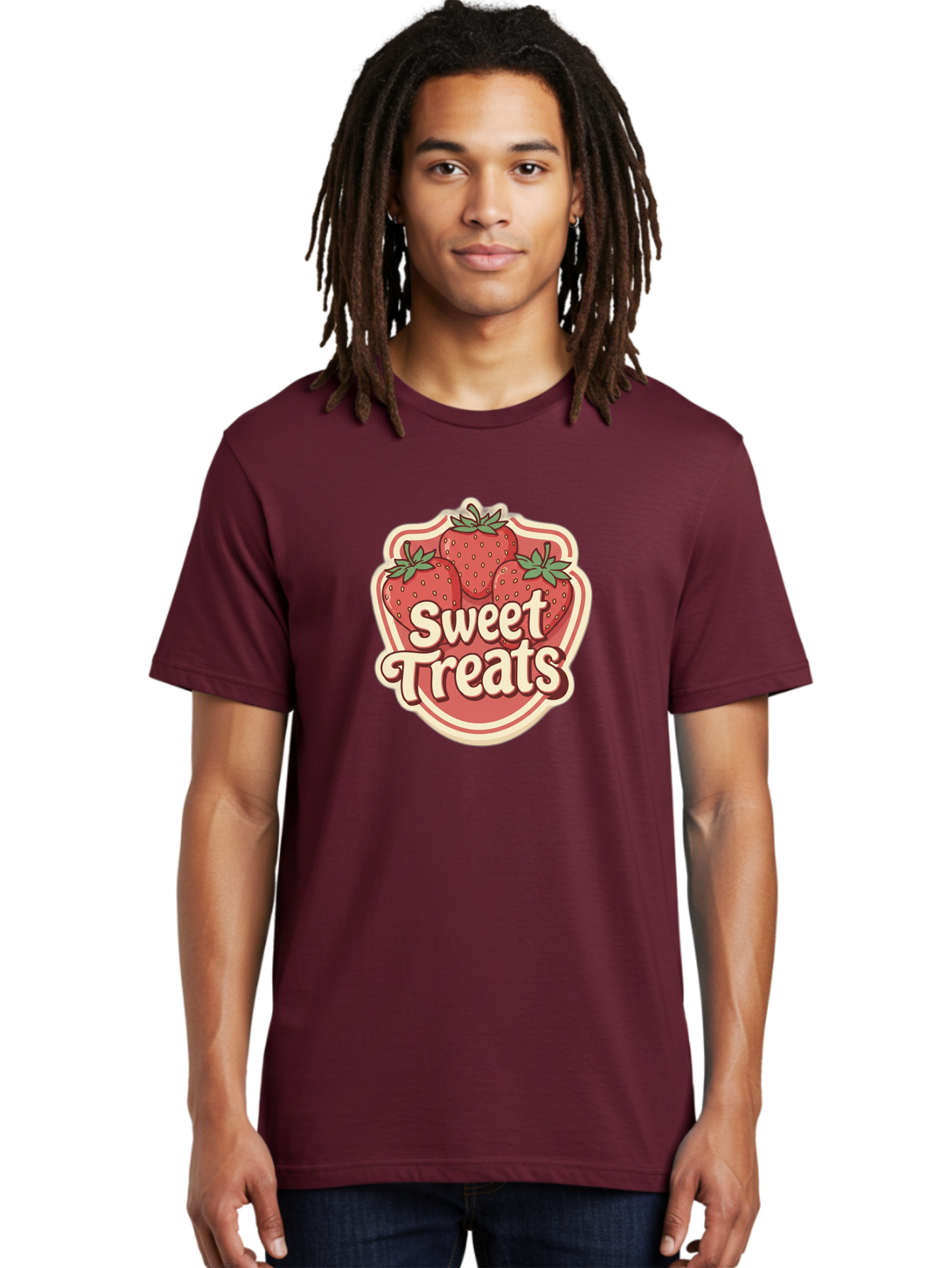 Sweet-Treats Men'S Graphic Tee, 100% Cotton, Comfortable Casual Summer Wear, Machine Washable, Strawberry Dessert, Sweet Treats, Fruit Illustration, Cartoon Style, Dessert Logo, Strawberries, Yummy Treats, Tasty Desserts, Fruit Logo Bac507