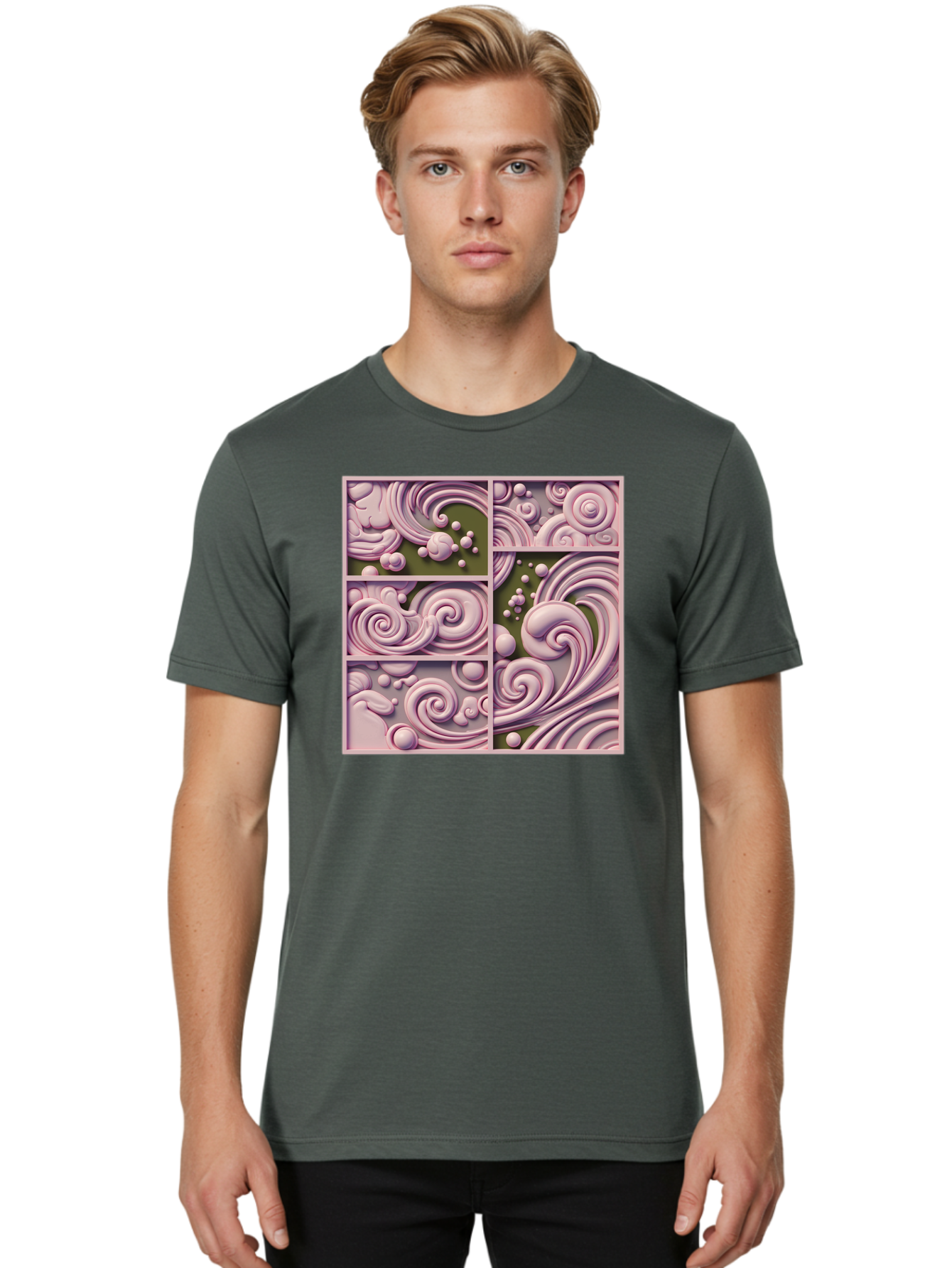 Swirling-Patterns Men'S Graphic Tee, 100% Cotton, Comfortable Casual Summer Wear, Machine Washable, Pink Swirls, Fluid Design, Abstract Pattern, Ornate Details, Whimsical Shapes, 3D Effect, Artistic Expression, Creative Wallpaper, Bac508
