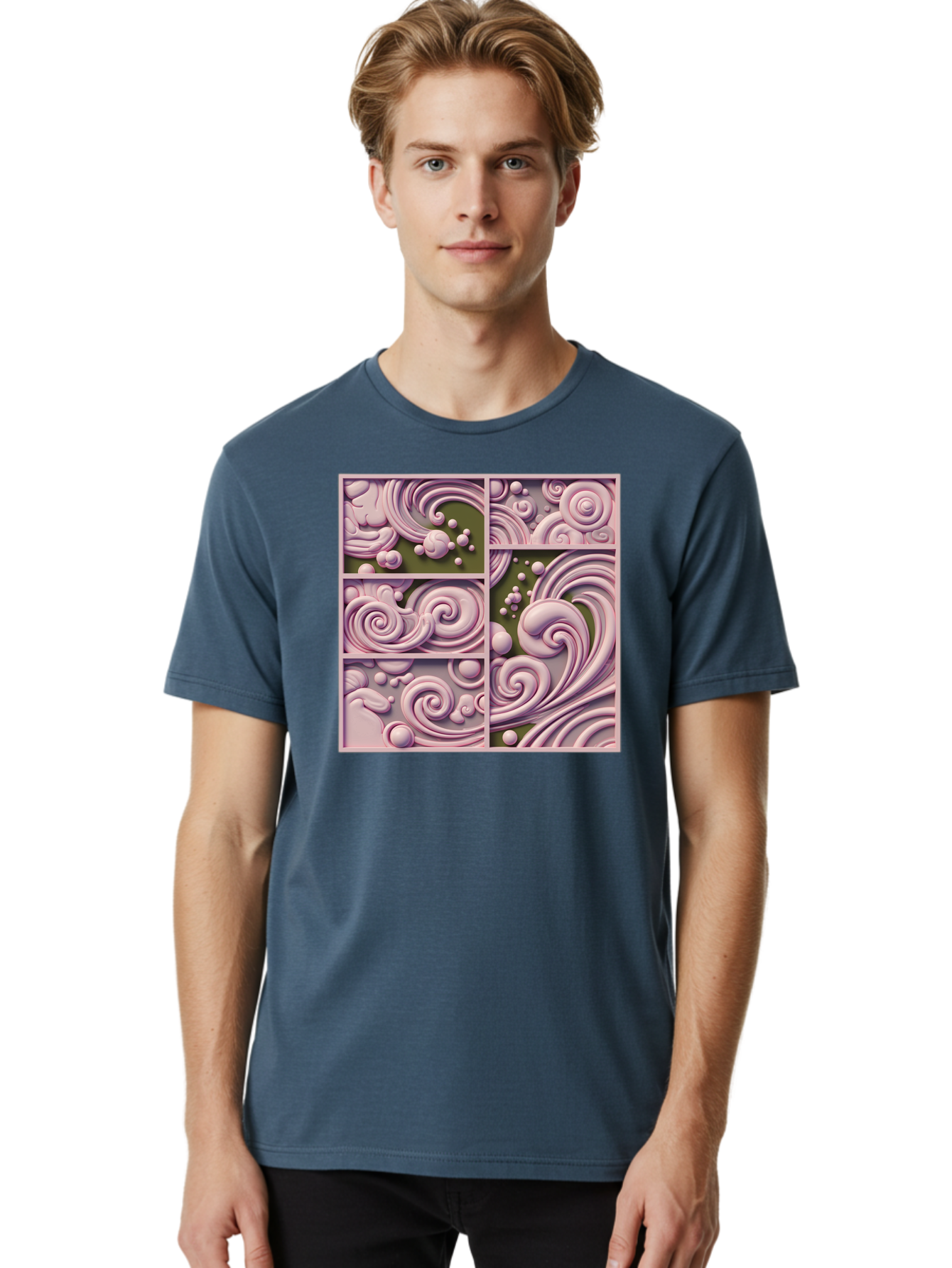 Swirling-Patterns Men'S Graphic Tee, 100% Cotton, Comfortable Casual Summer Wear, Machine Washable, Pink Swirls, Fluid Design, Abstract Pattern, Ornate Details, Whimsical Shapes, 3D Effect, Artistic Expression, Creative Wallpaper, Bac508
