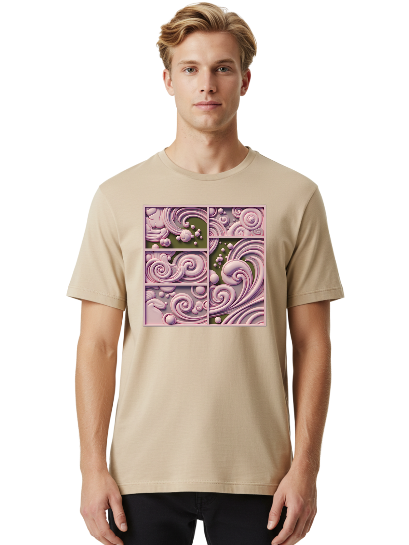Swirling-Patterns Men'S Graphic Tee, 100% Cotton, Comfortable Casual Summer Wear, Machine Washable, Pink Swirls, Fluid Design, Abstract Pattern, Ornate Details, Whimsical Shapes, 3D Effect, Artistic Expression, Creative Wallpaper, Bac508