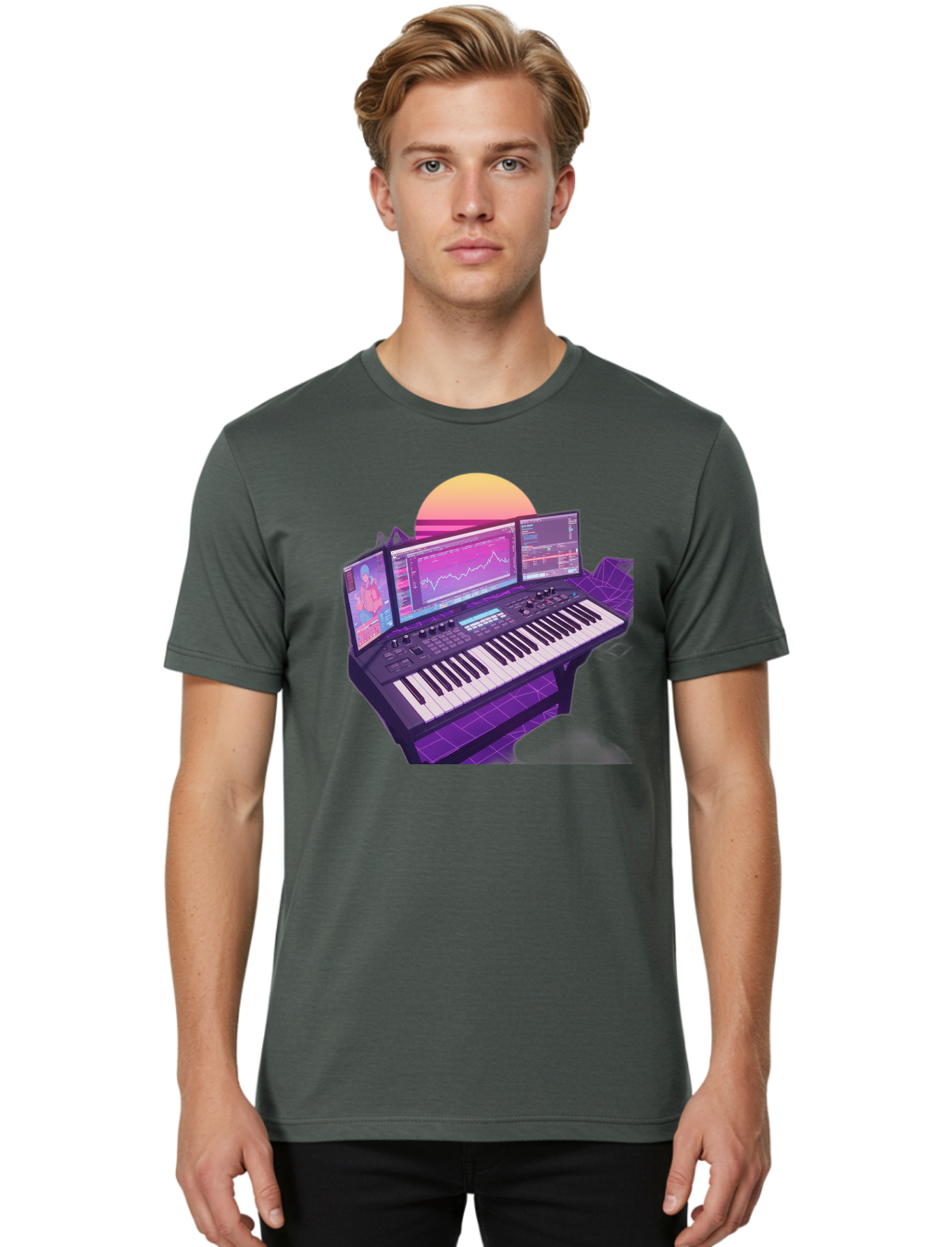 Synthesizer Men'S Graphic Tee, 100% Cotton, Comfortable Casual Summer Wear, Machine Washable, Synthesizer Keyboard, Music Production, Digital Audio Workstation, Sound Design, Electronic Music, Midi Controller, Waveform, Music Technology, Bac509