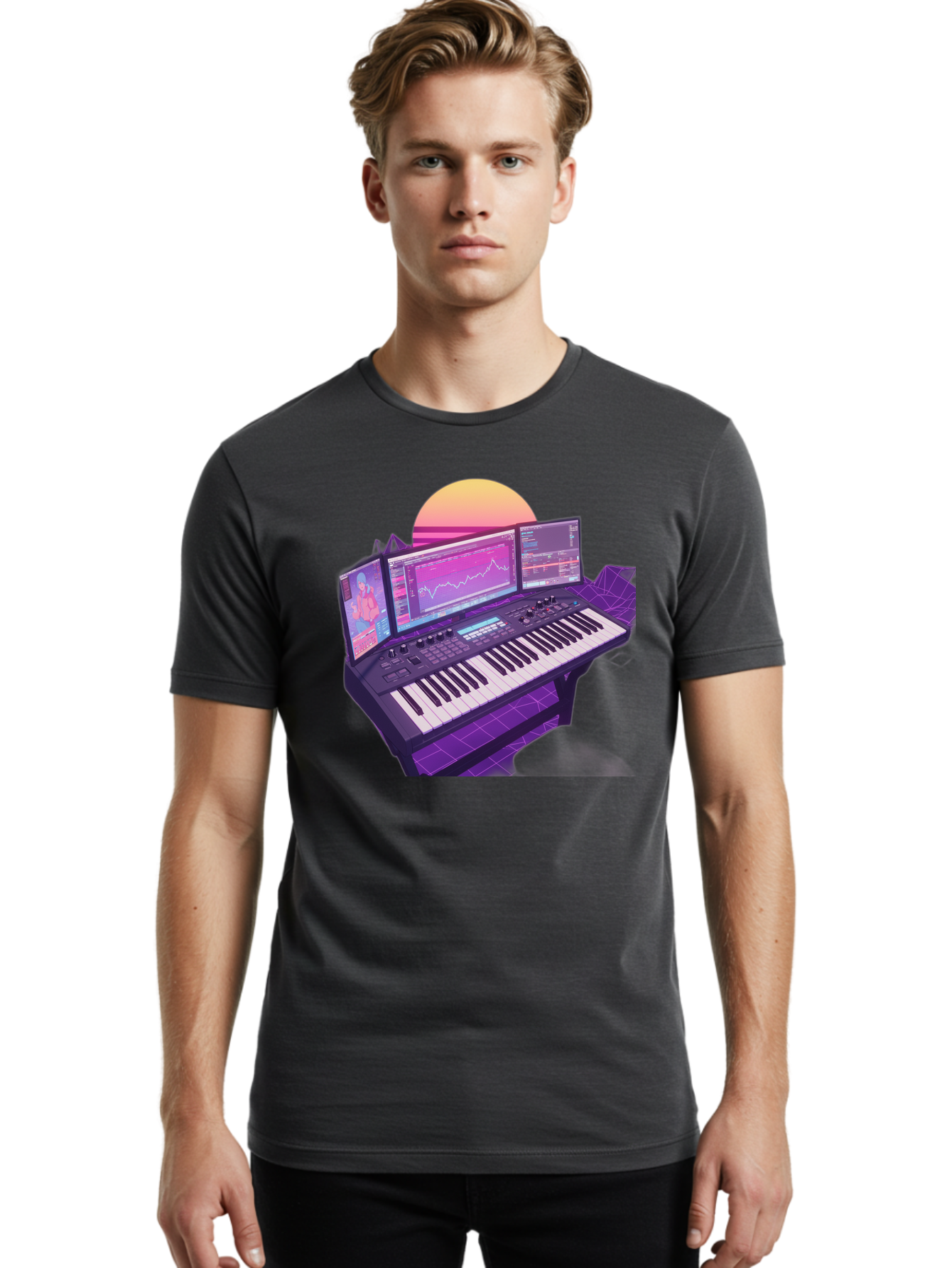 Synthesizer Men'S Graphic Tee, 100% Cotton, Comfortable Casual Summer Wear, Machine Washable, Synthesizer Keyboard, Music Production, Digital Audio Workstation, Sound Design, Electronic Music, Midi Controller, Waveform, Music Technology, Bac509