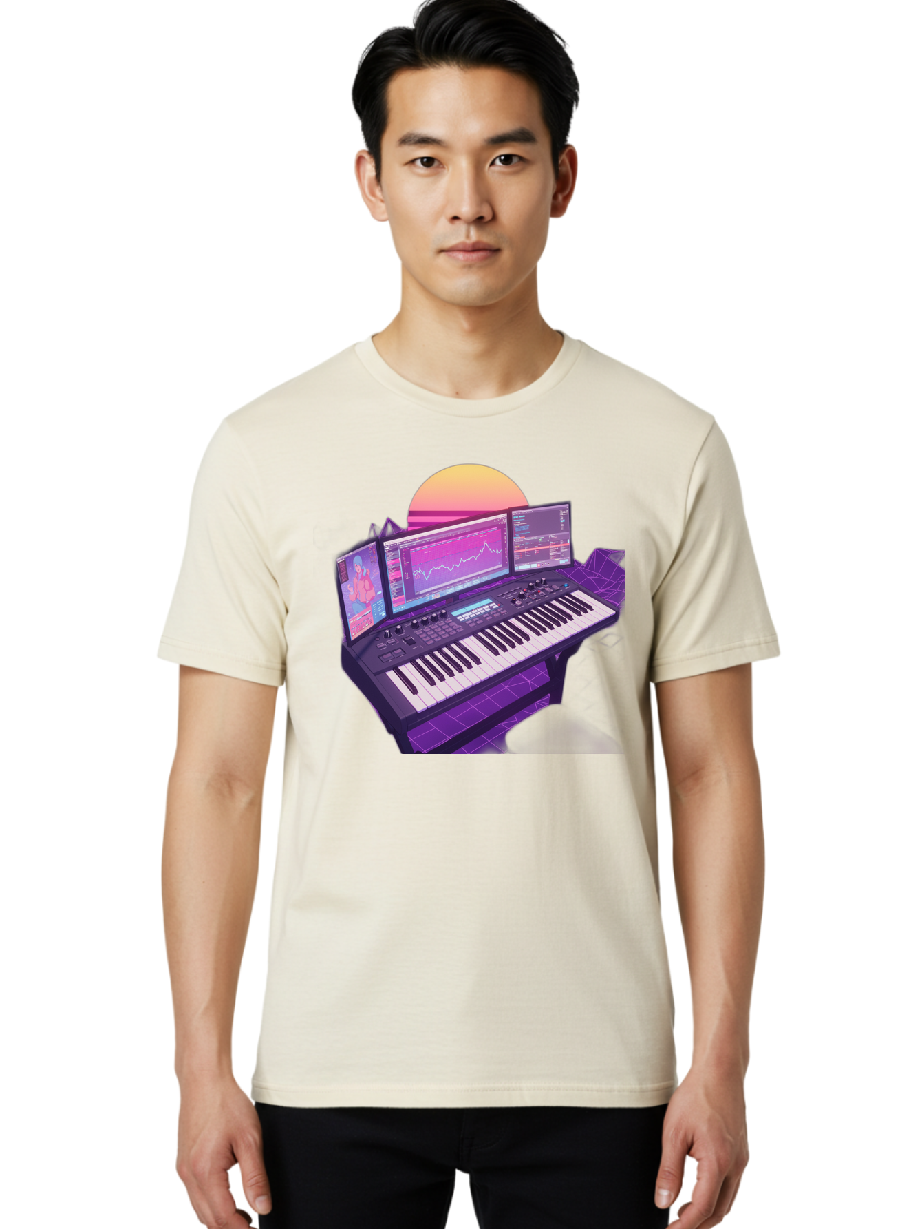 Synthesizer Men'S Graphic Tee, 100% Cotton, Comfortable Casual Summer Wear, Machine Washable, Synthesizer Keyboard, Music Production, Digital Audio Workstation, Sound Design, Electronic Music, Midi Controller, Waveform, Music Technology, Bac509