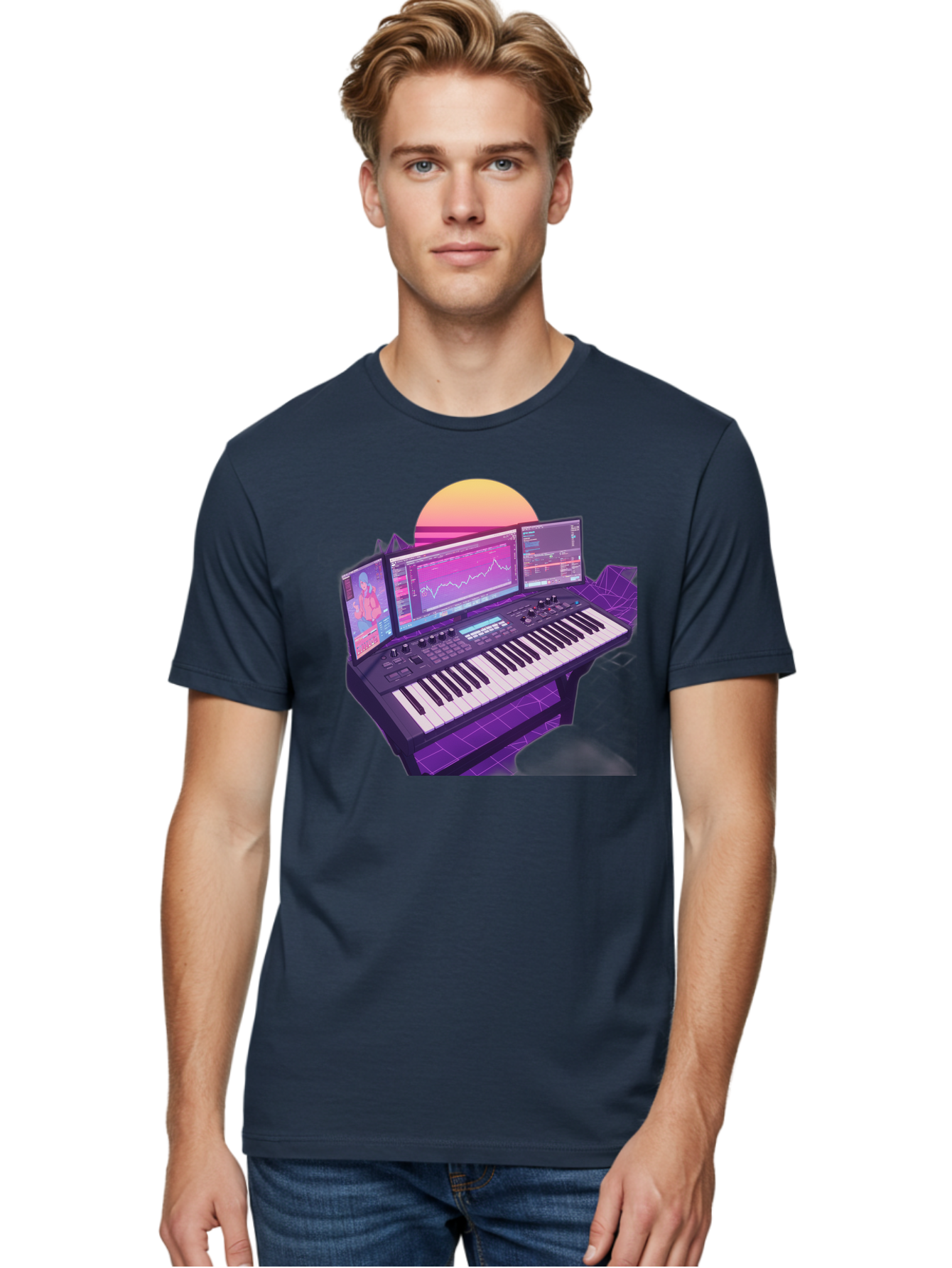 Synthesizer Men'S Graphic Tee, 100% Cotton, Comfortable Casual Summer Wear, Machine Washable, Synthesizer Keyboard, Music Production, Digital Audio Workstation, Sound Design, Electronic Music, Midi Controller, Waveform, Music Technology, Bac509
